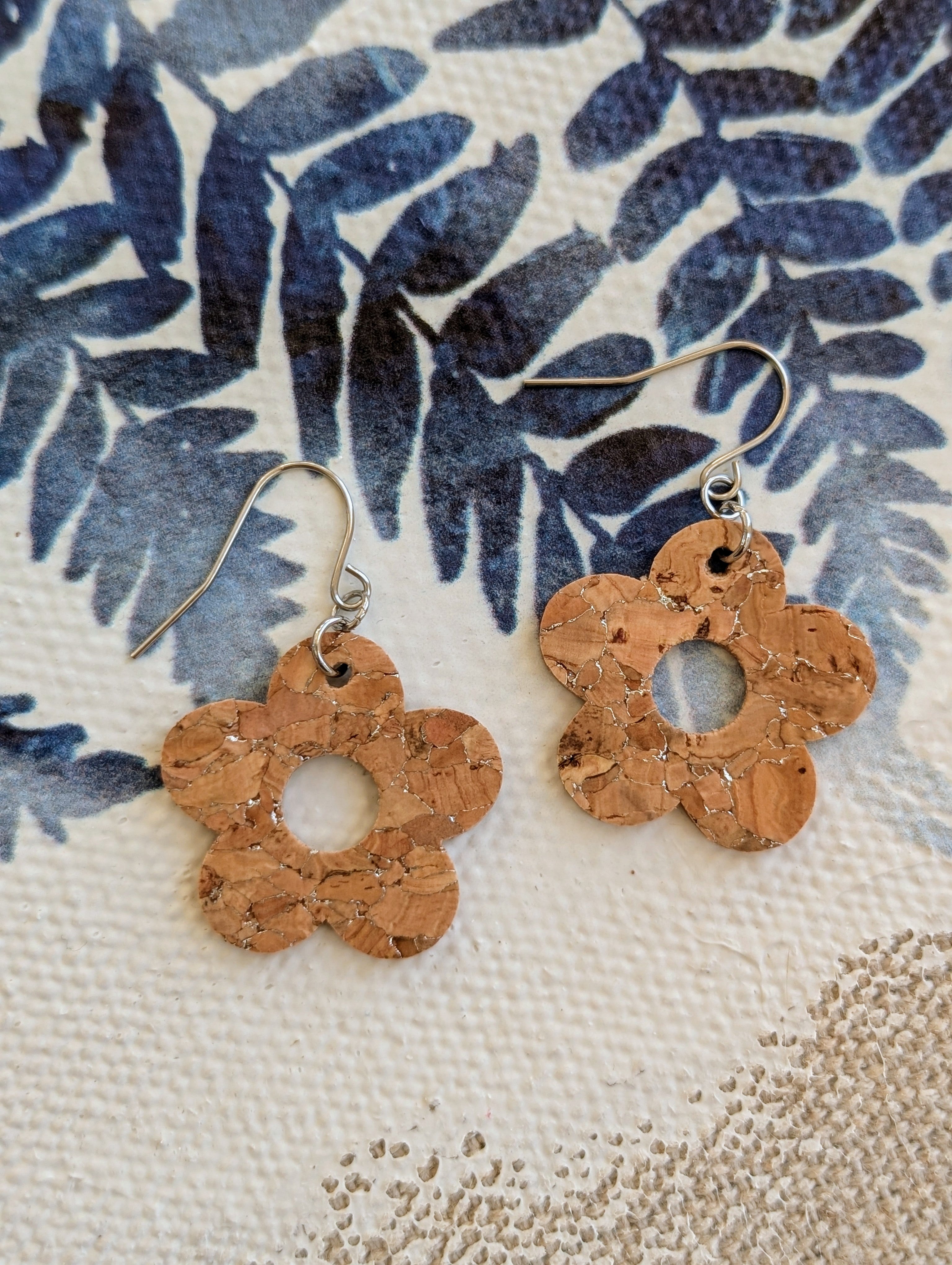 Cork Earrings-Silvered Cork Flower