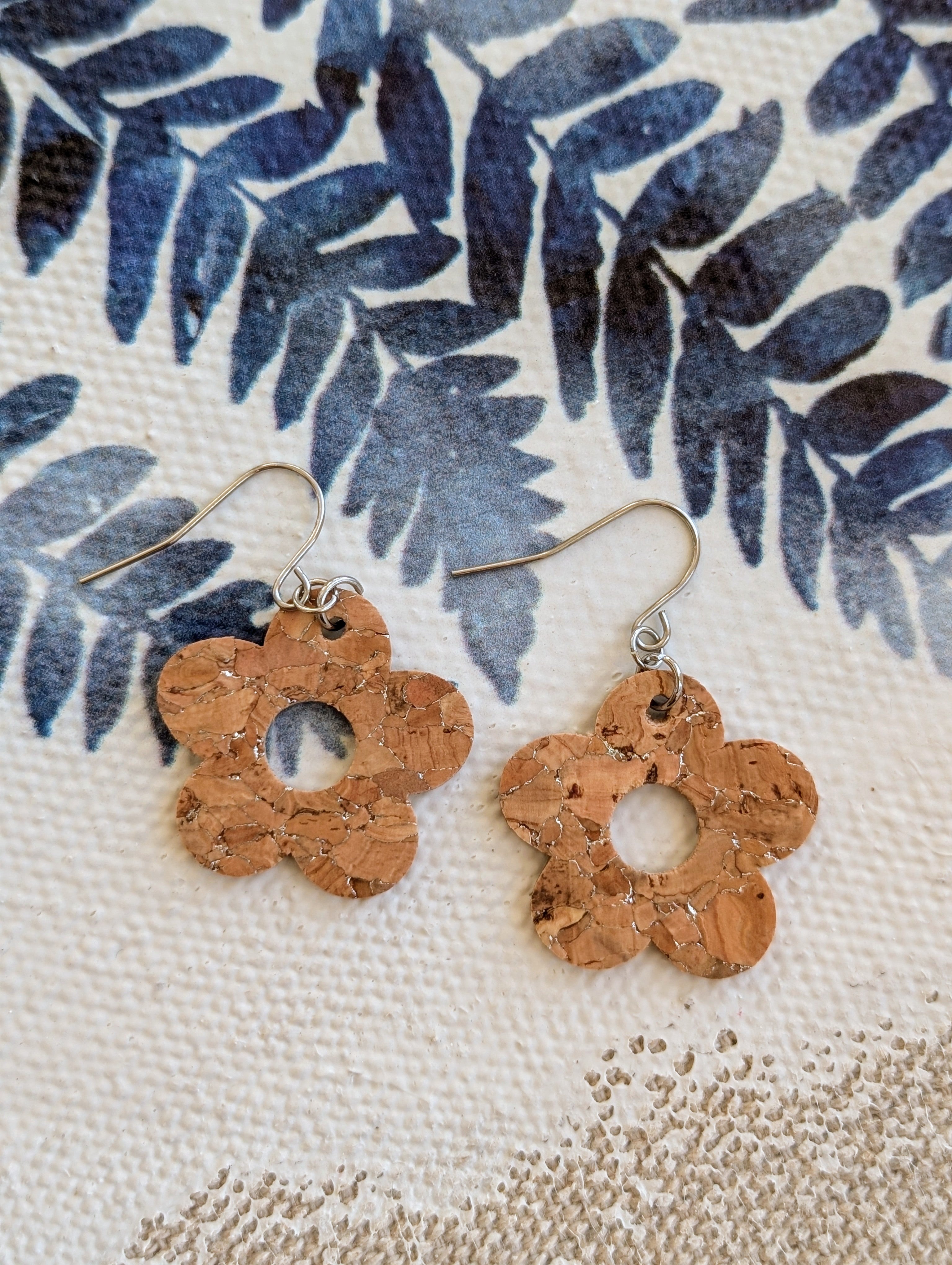 Cork Earrings-Silvered Cork Flower