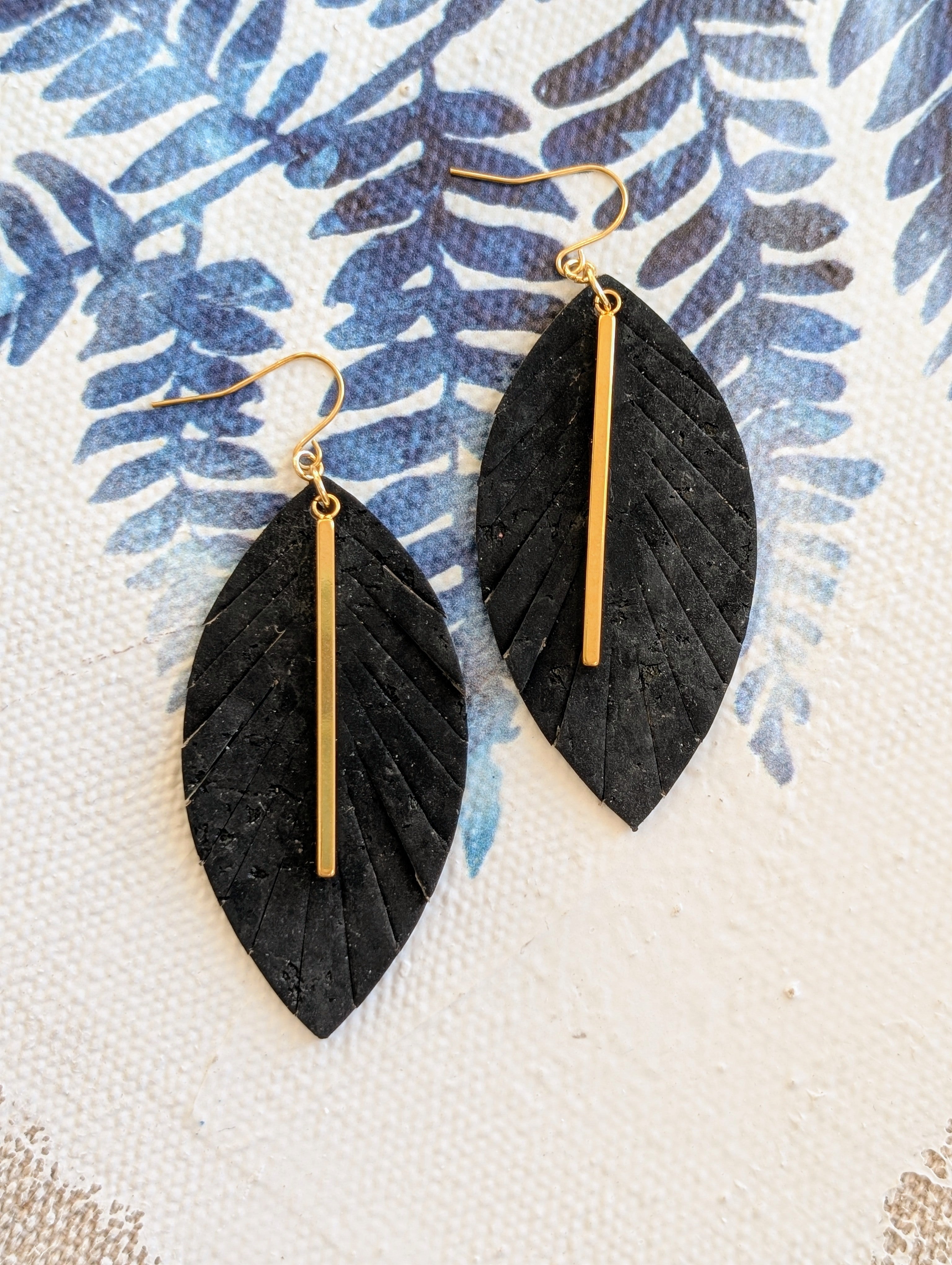 Cork Earrings - Fringe Black W/ Gold Bar