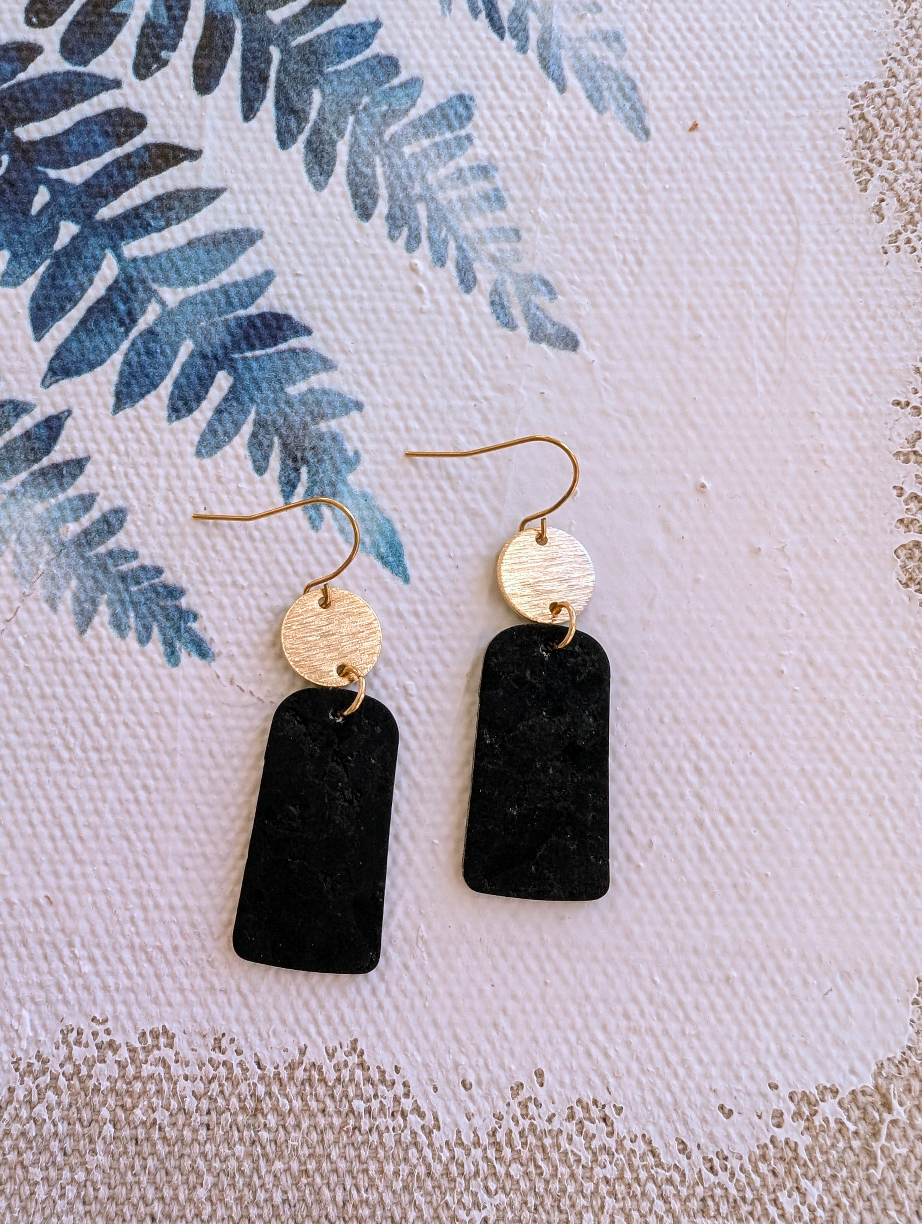 Cork Earrings-Gold w/Black Cork Bar Dangle