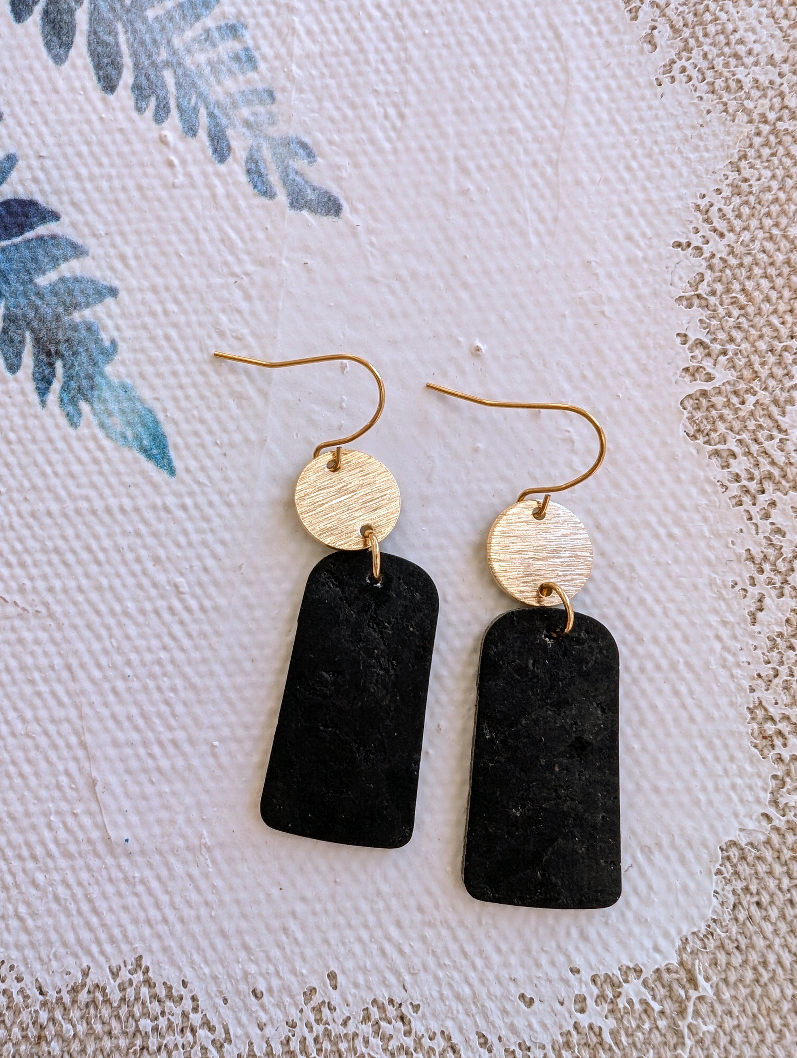 Cork Earrings-Gold w/Black Cork Bar Dangle