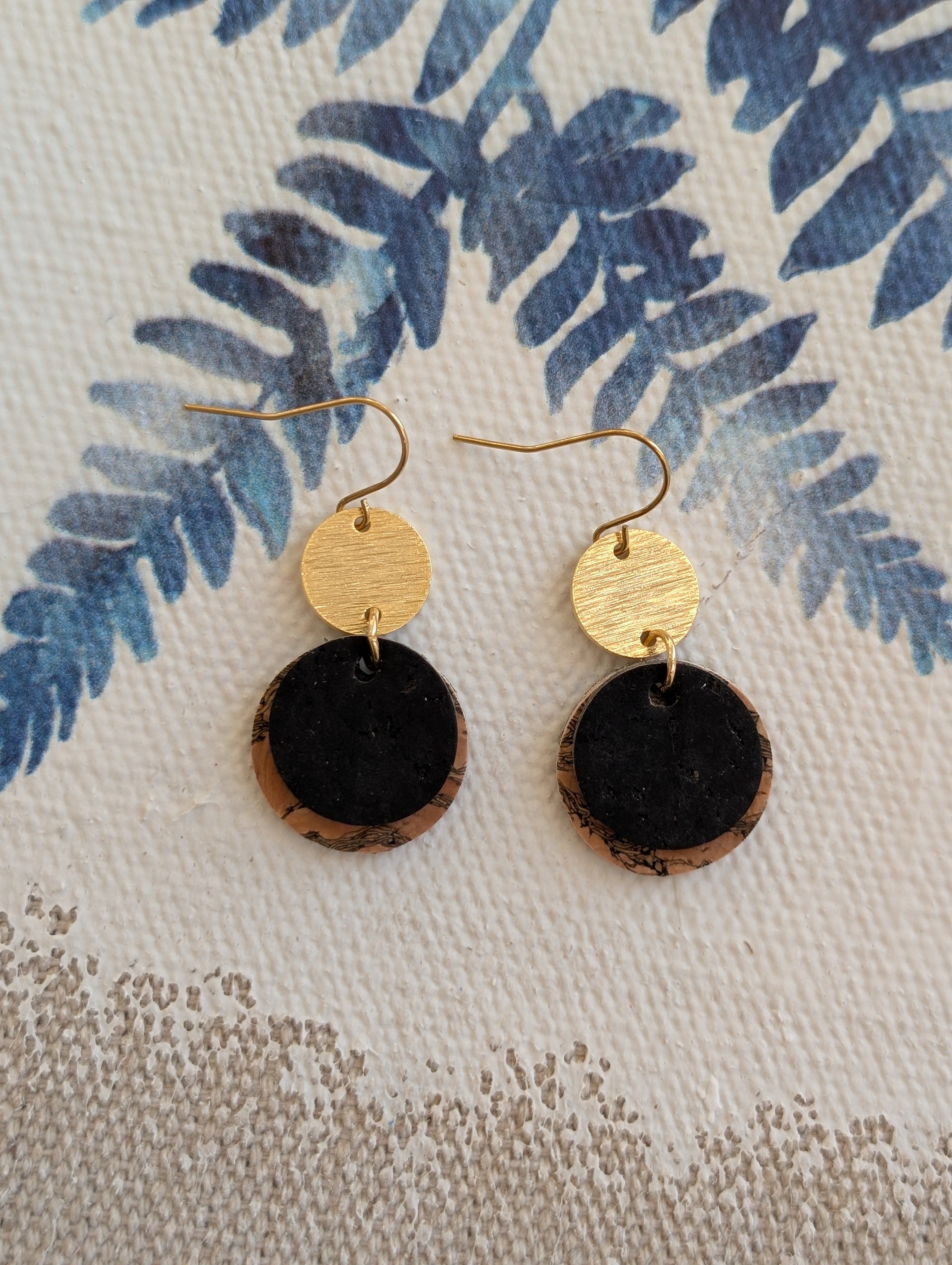 Cork Earrings-Layered Circles w/ Etched Gold