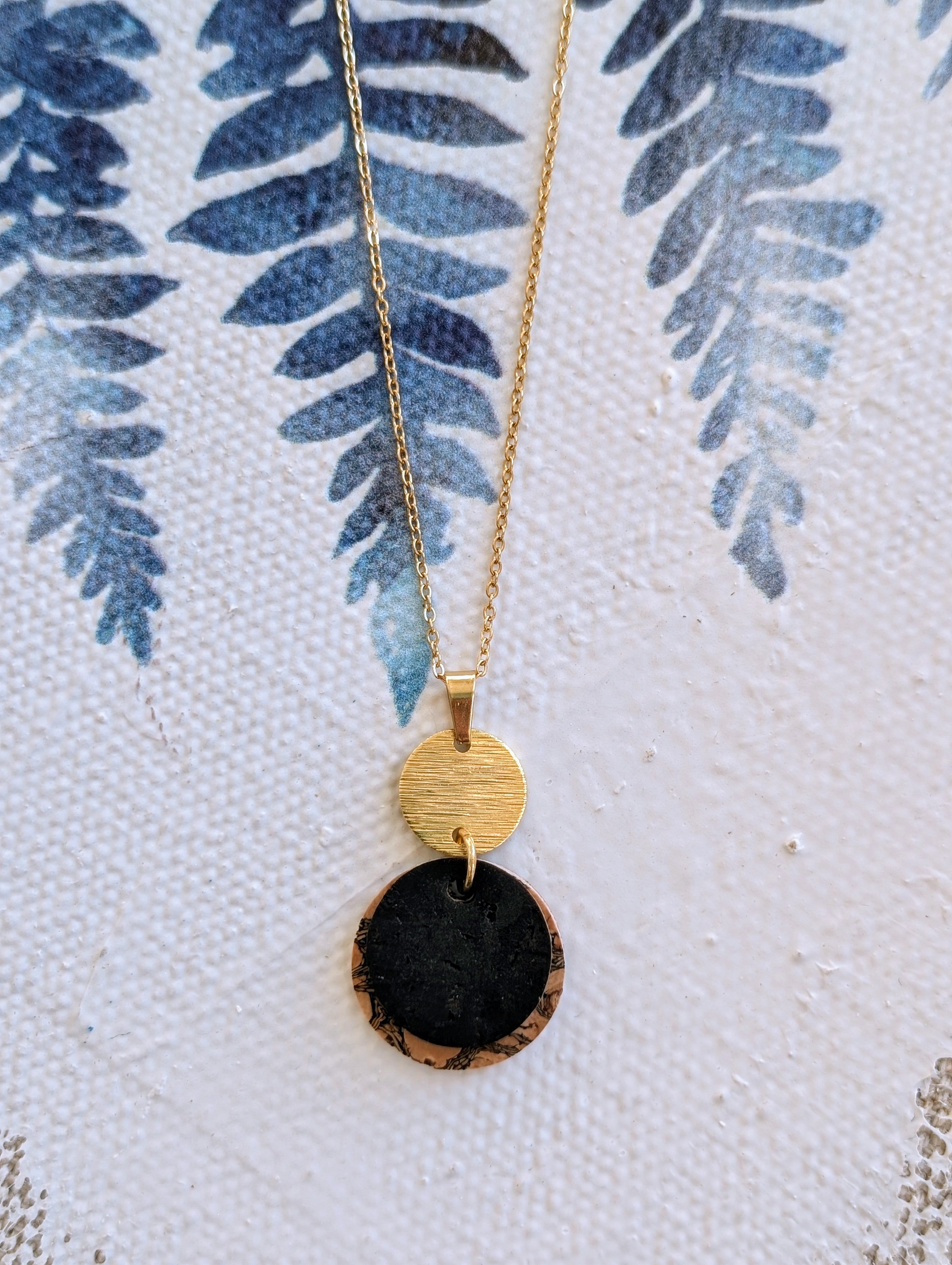 Cork Necklace-Layered Circles W/ Etched Gold