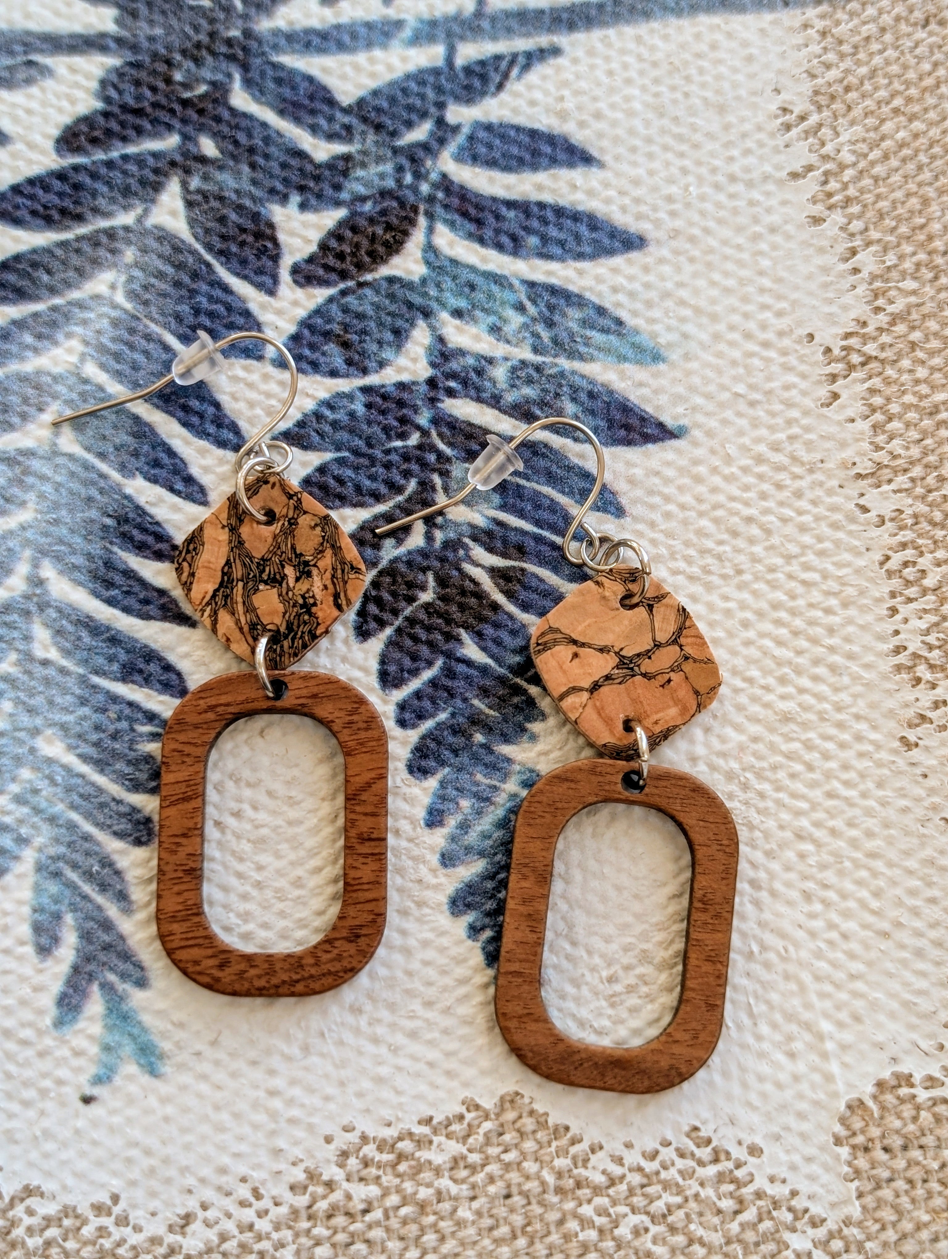 Cork Earrings-Wood w/Marbled cork Diamond