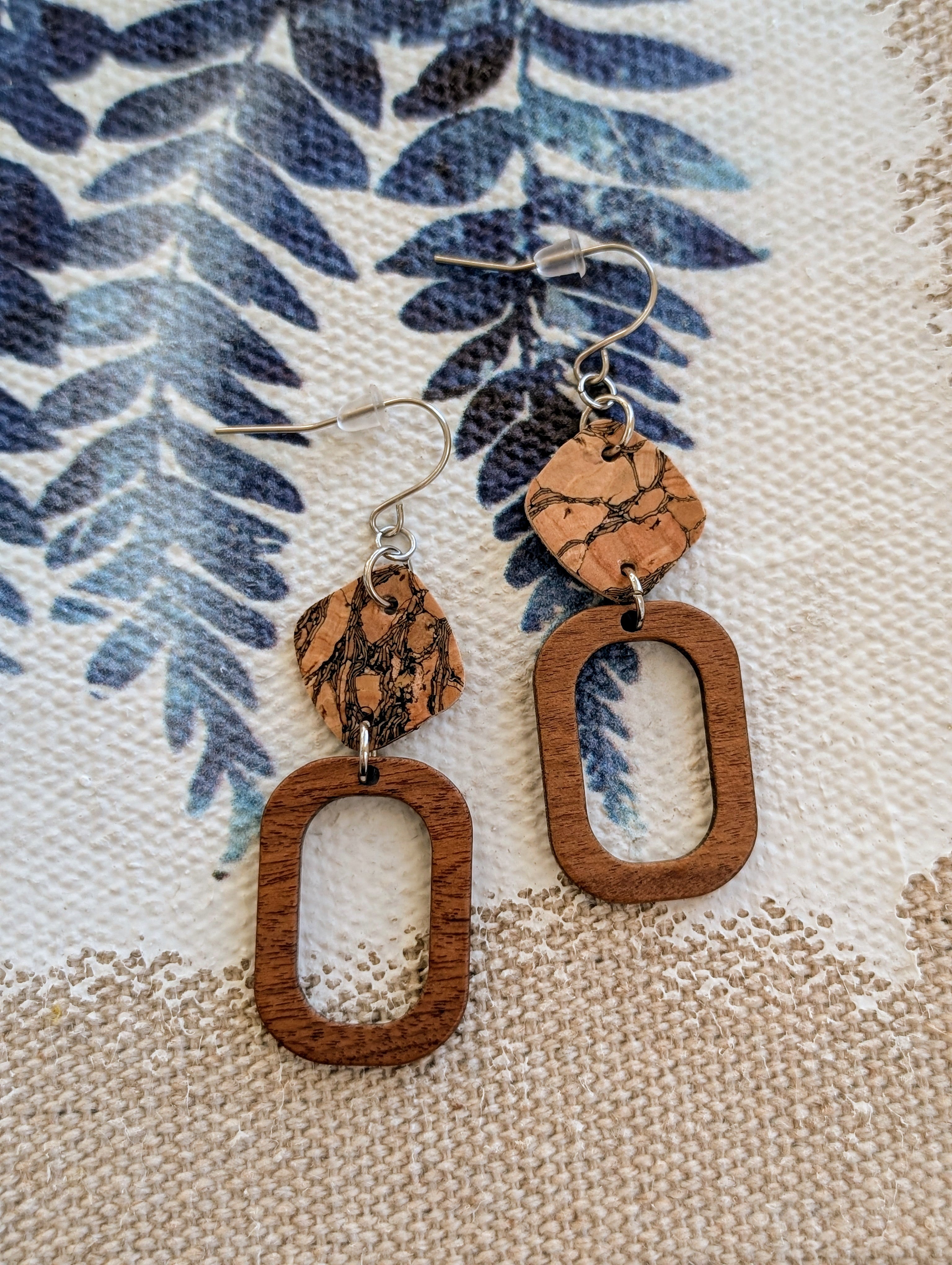 Cork Earrings-Wood w/Marbled cork Diamond