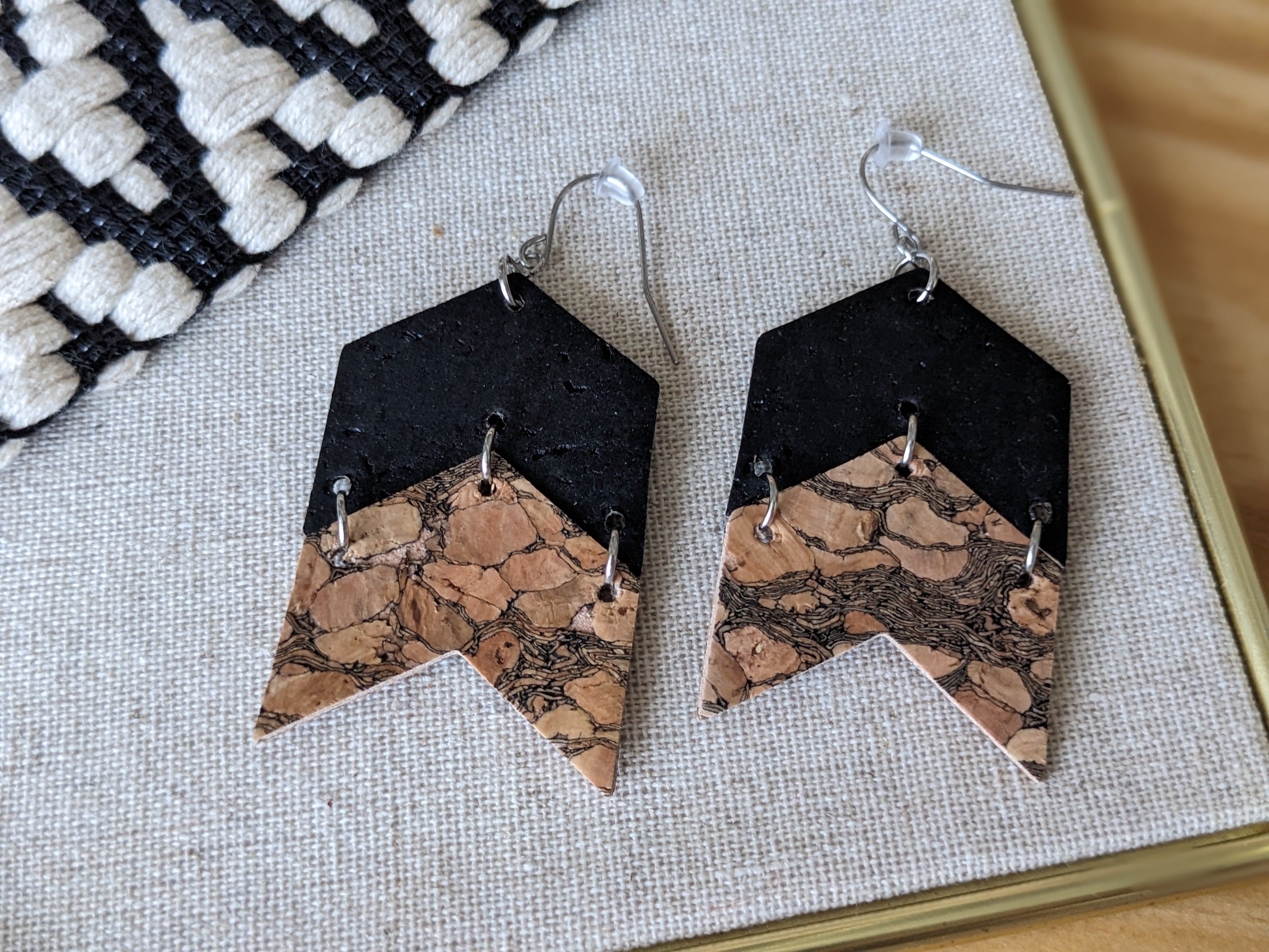 Cork Earrings-Chevron Marbled & Black