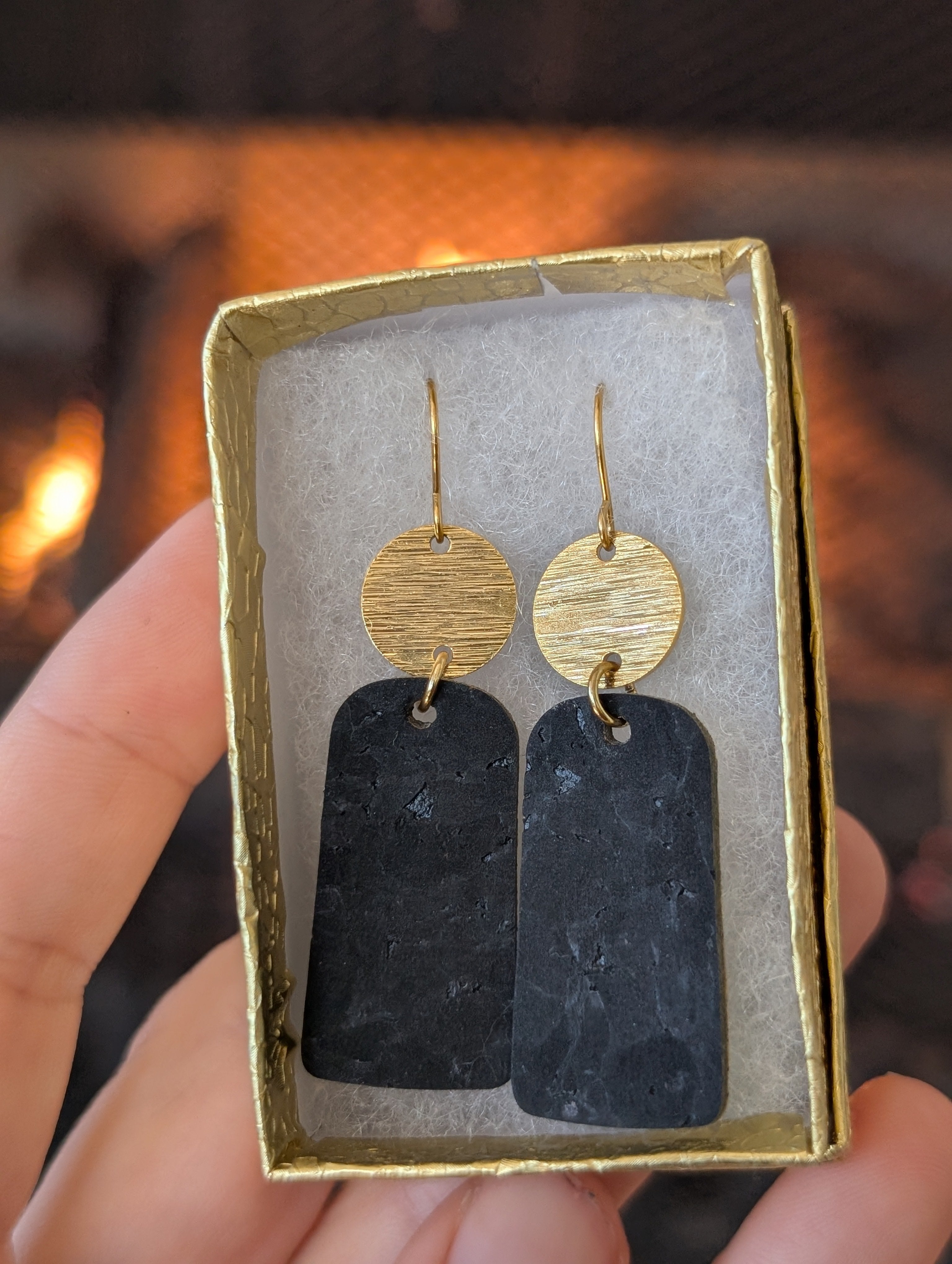 Cork Earrings-Gold w/Black Cork Bar Dangle