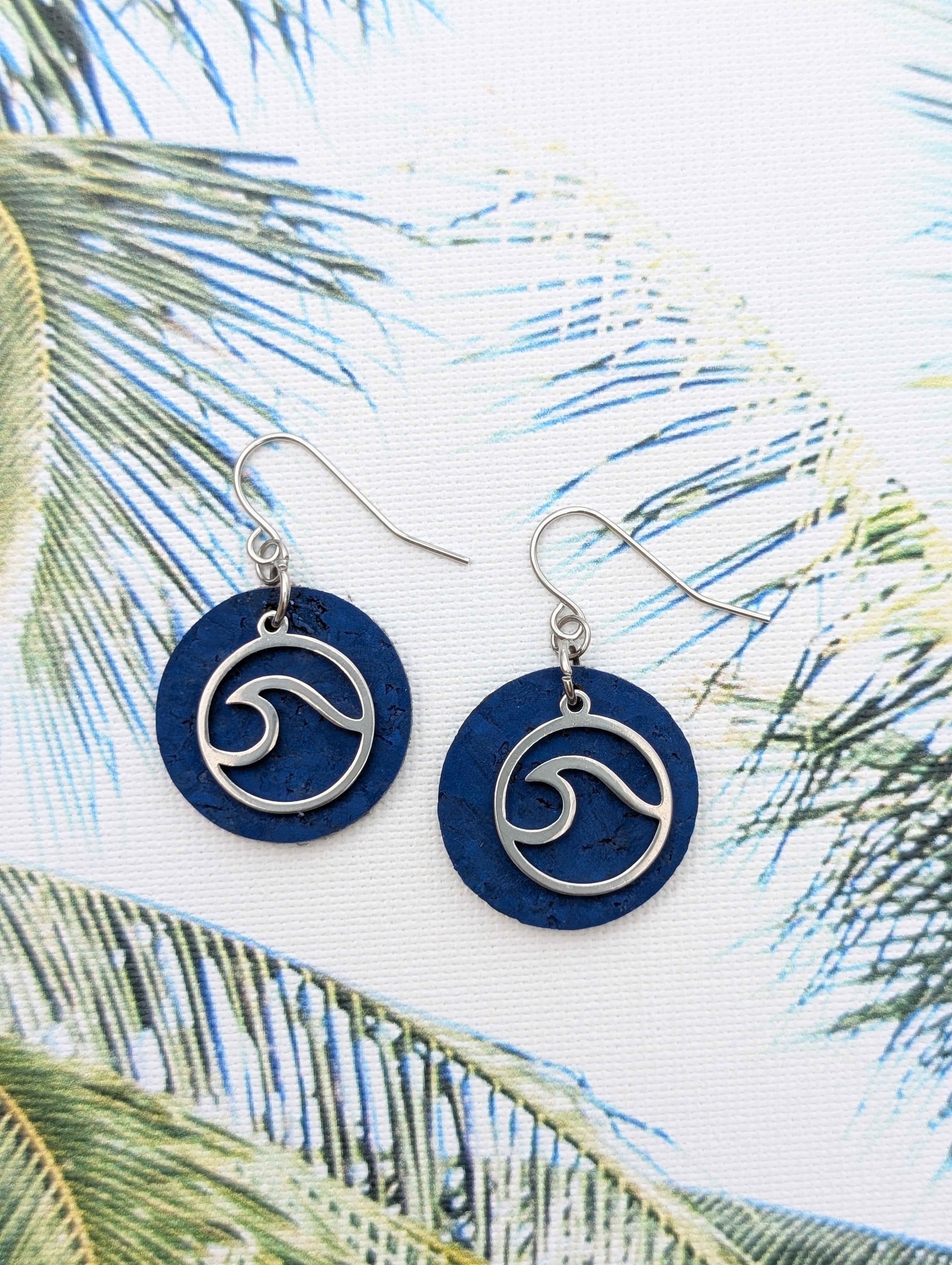 Cork Earrings - Small Round Blue W/ Wave Charm