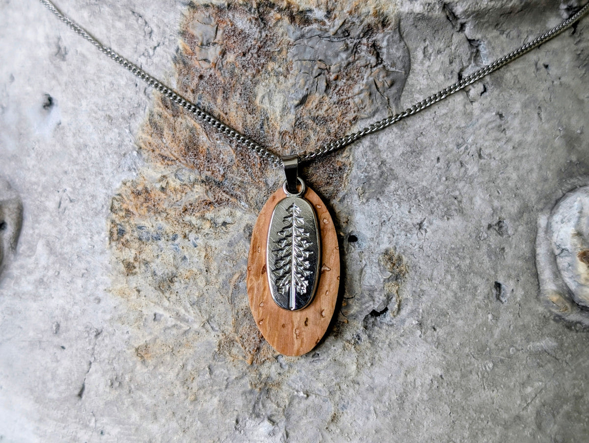 Silver Pine Tree Compass Charm Natural Cork Necklace
