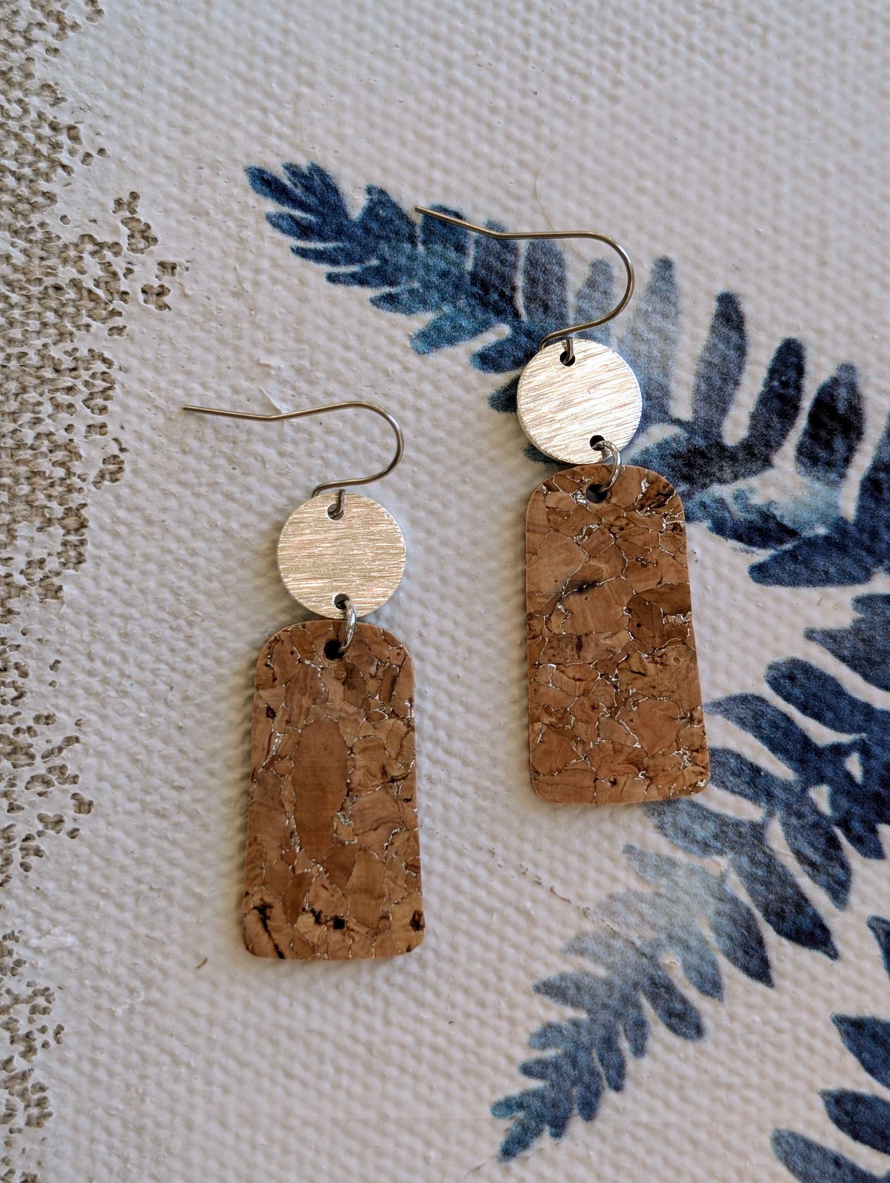 Cork Earrings-Silvered w/Silver Cork Bar Dangle