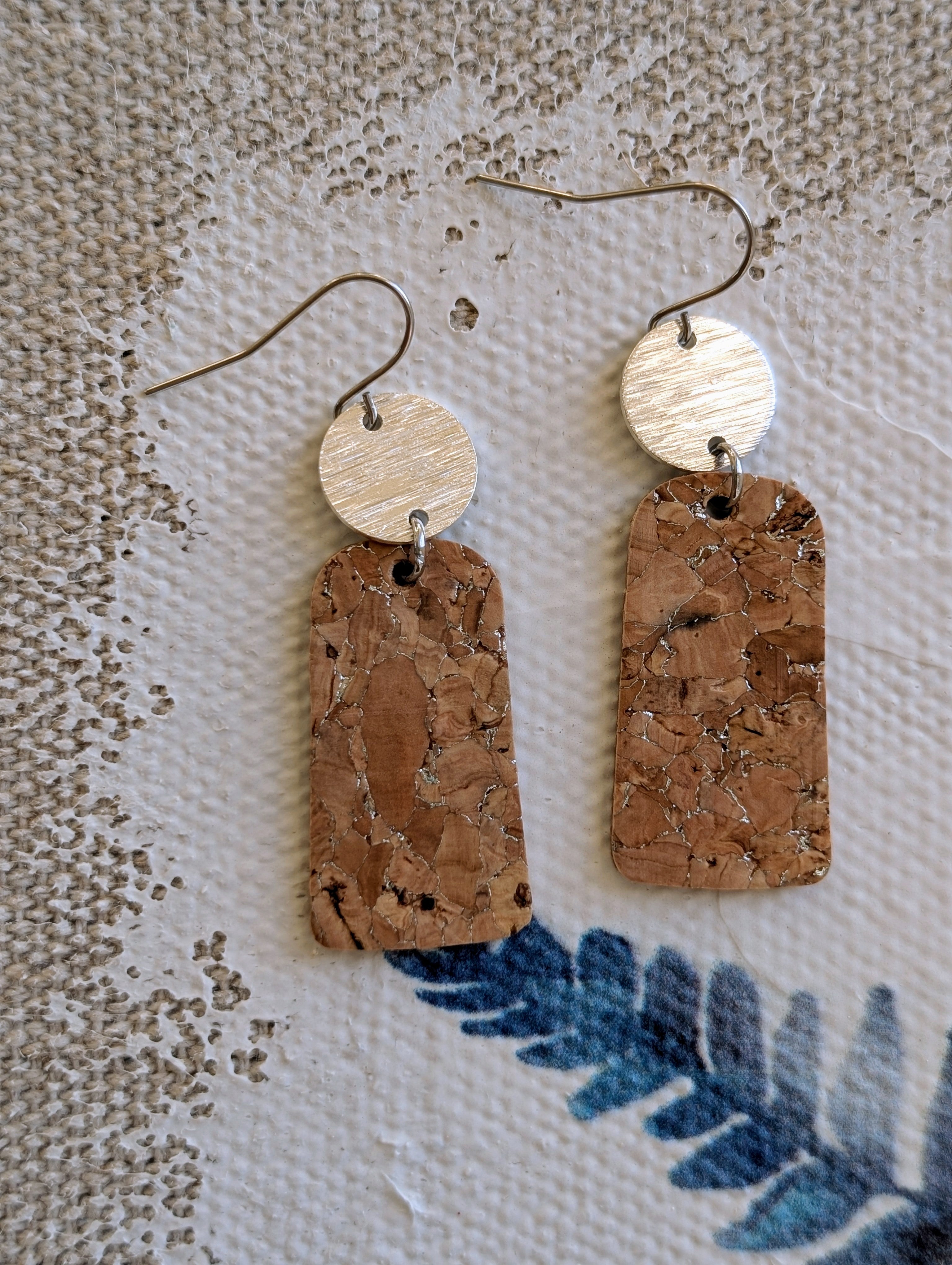 Cork Earrings-Silvered w/Silver Cork Bar Dangle