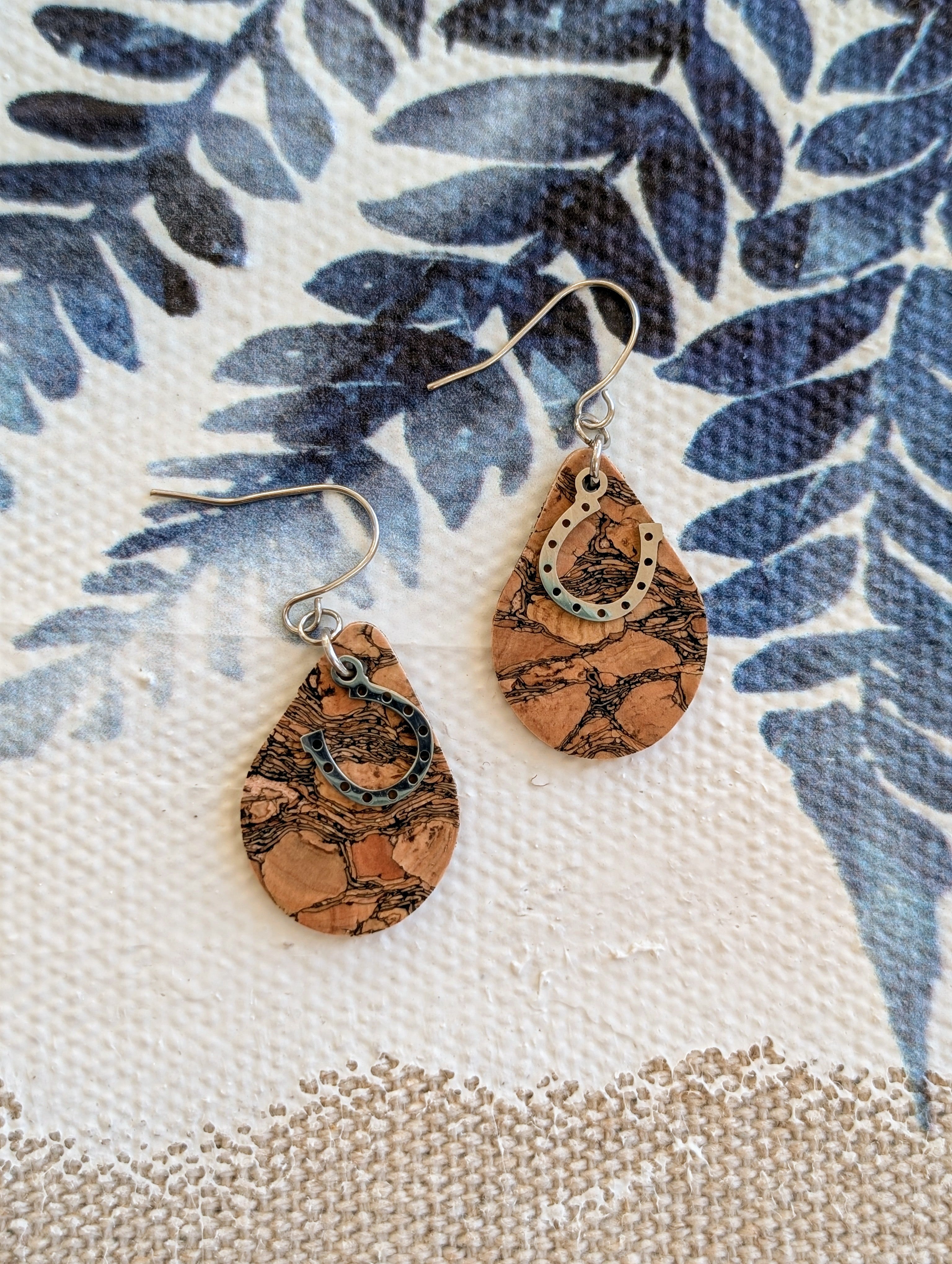Cork Earrings - Small Teardrop W/ Horseshoe Charm