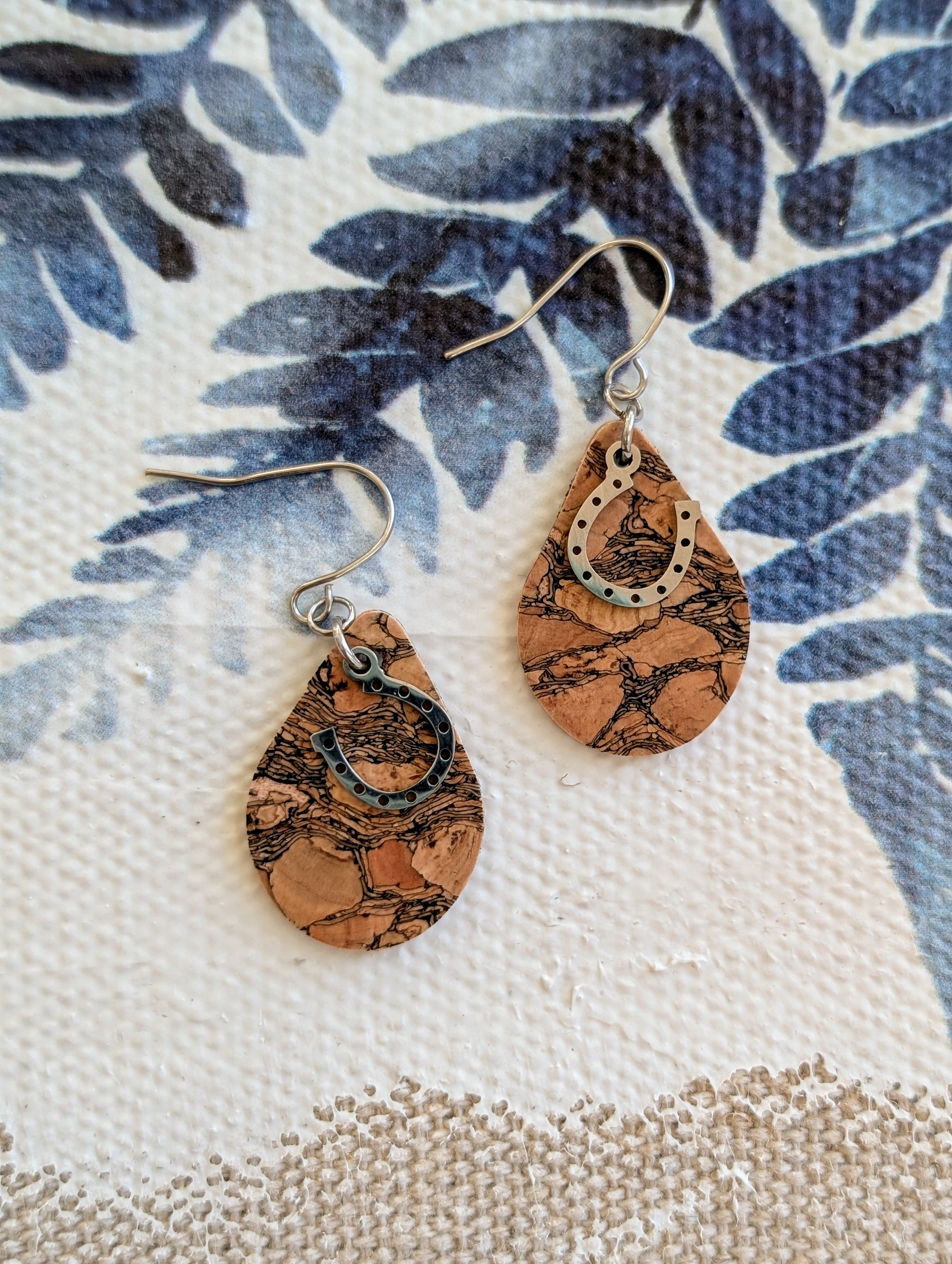 Cork Earrings - Small Teardrop W/ Horseshoe Charm