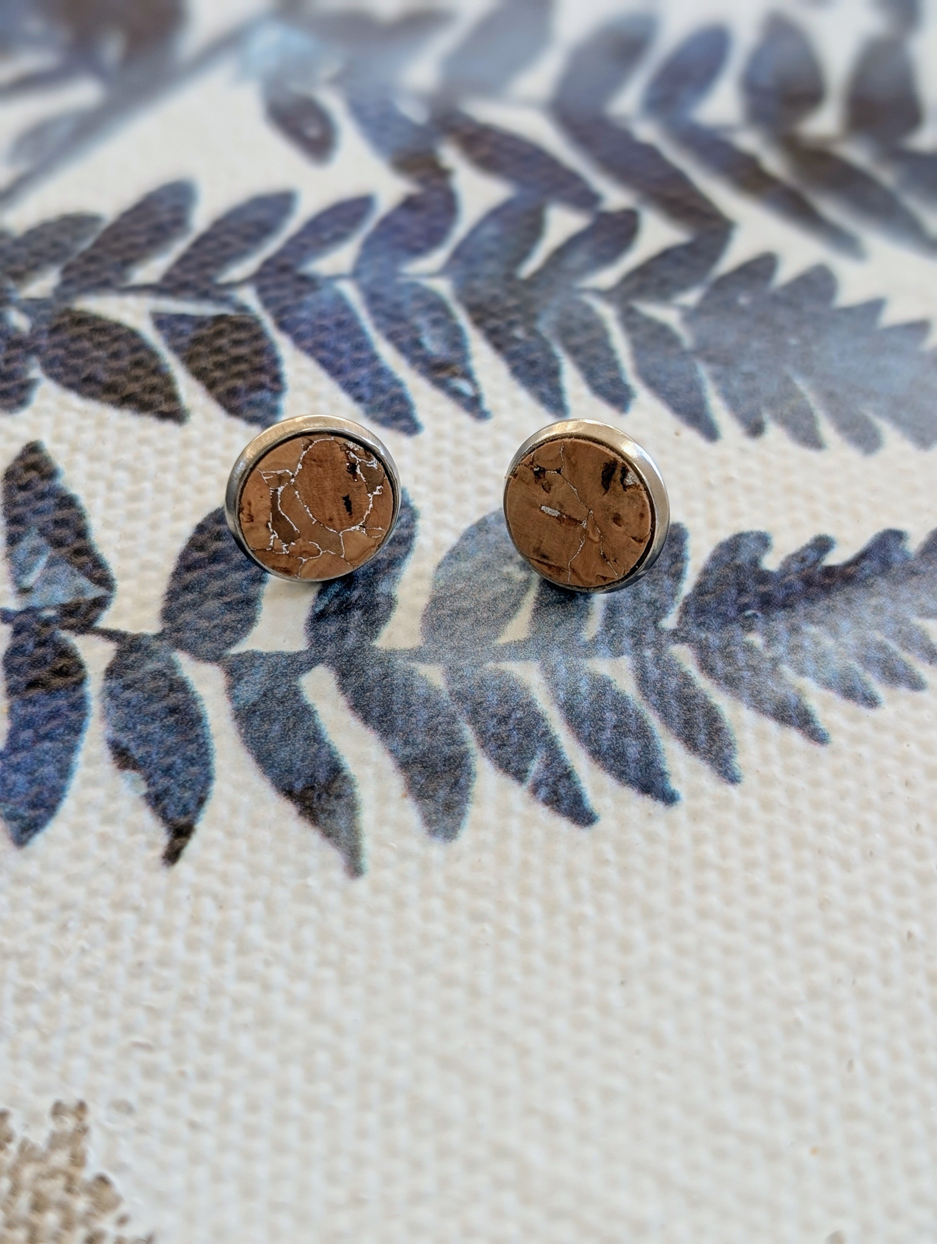 Cork Earrings - Round Stud Silvered