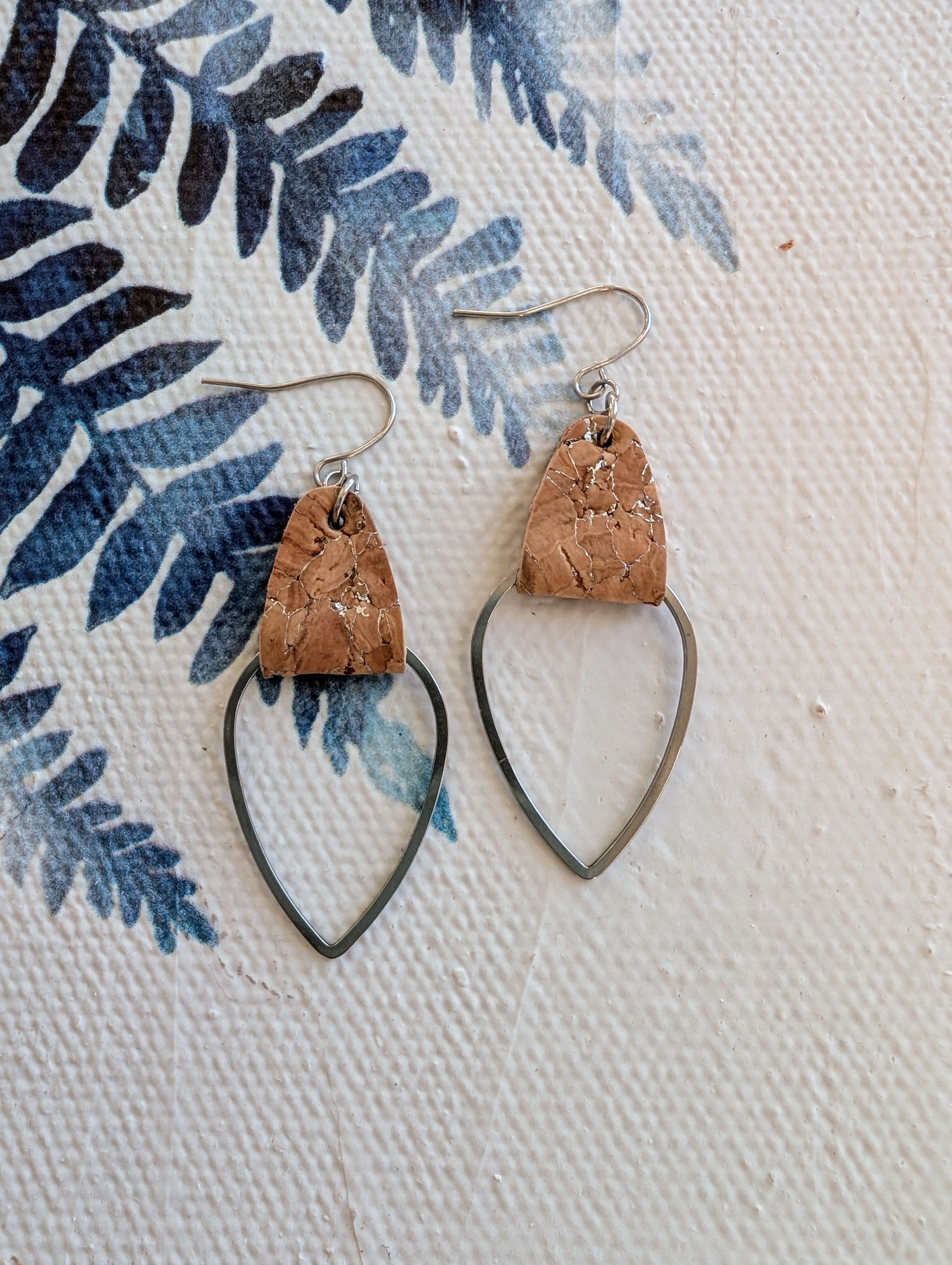 Cork Earrings-Silver Tear Drop w/Silvered cork