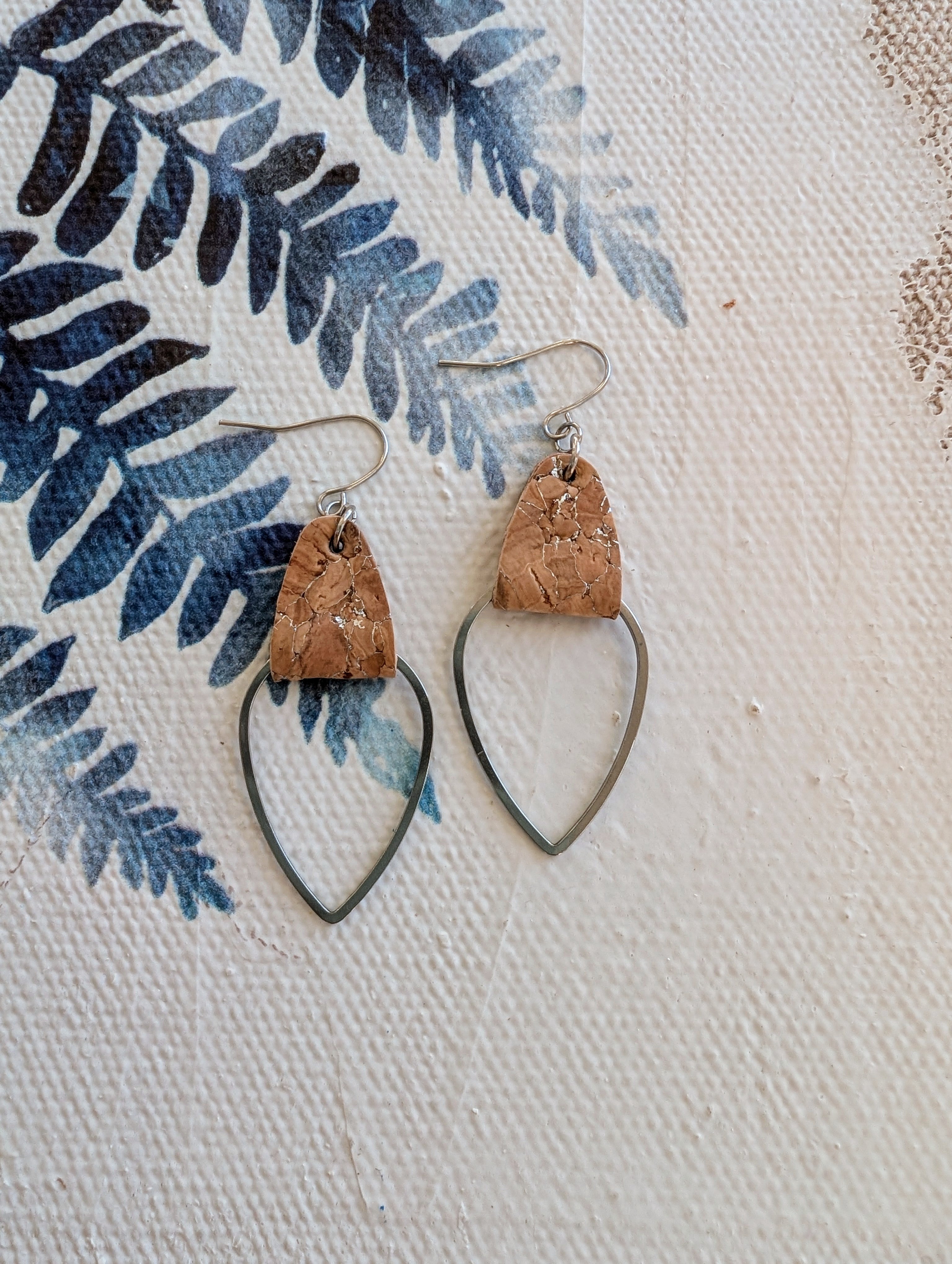 Cork Earrings-Silver Tear Drop w/Silvered cork