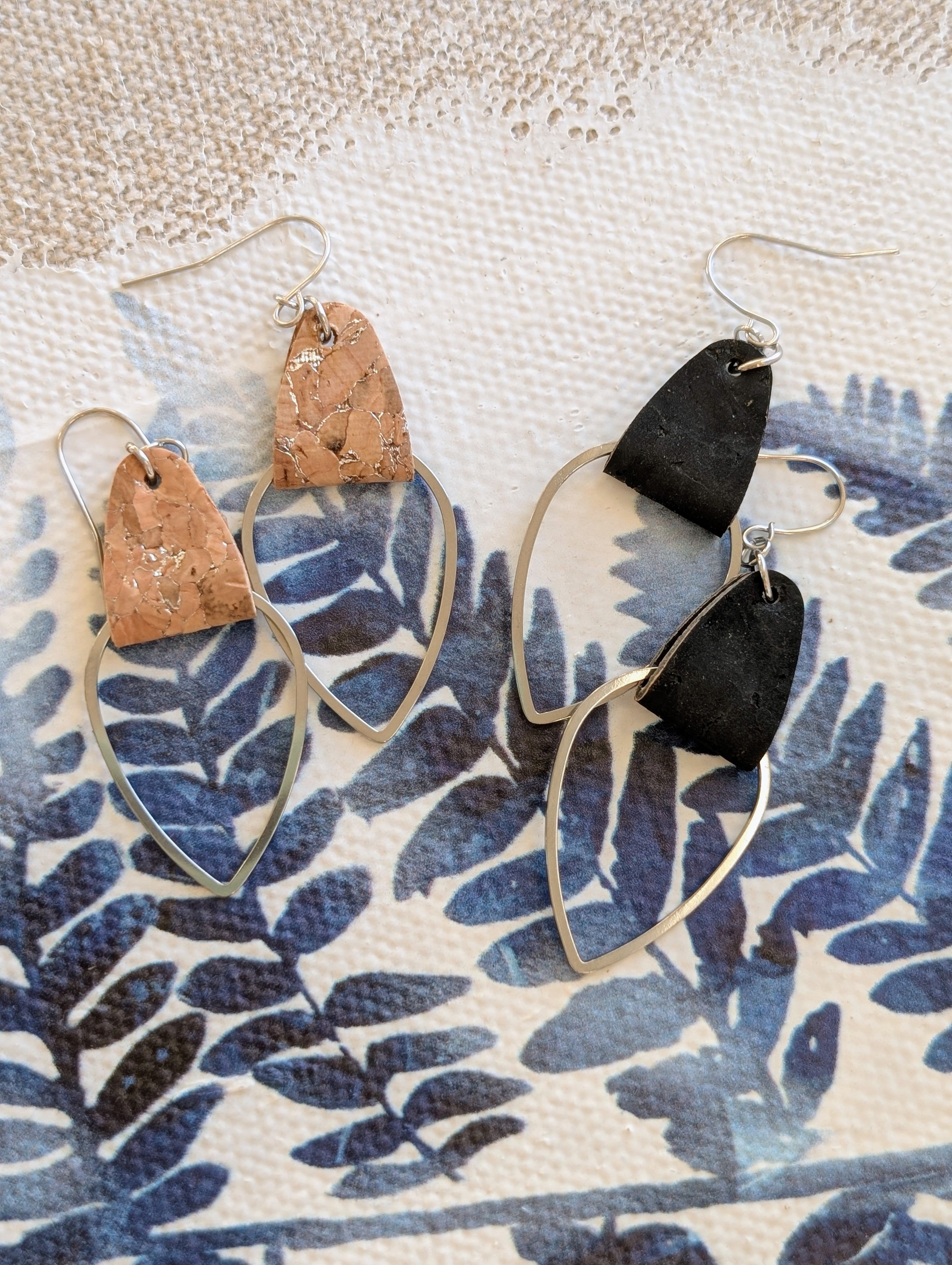 Cork Earrings-Silver Tear Drop w/Black cork
