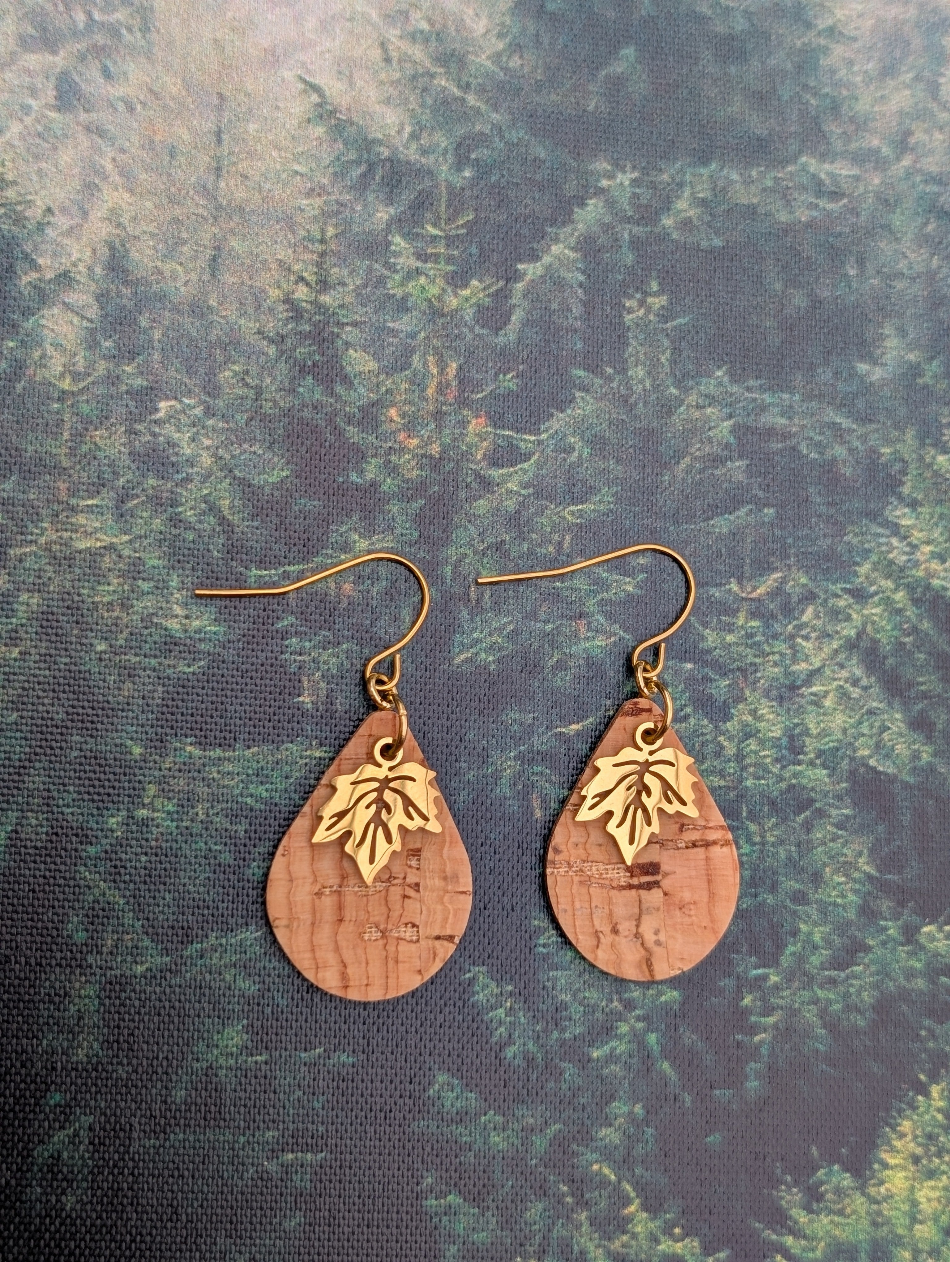 Cork Earrings - Small Teardrop W/ Gold Leaf Charm
