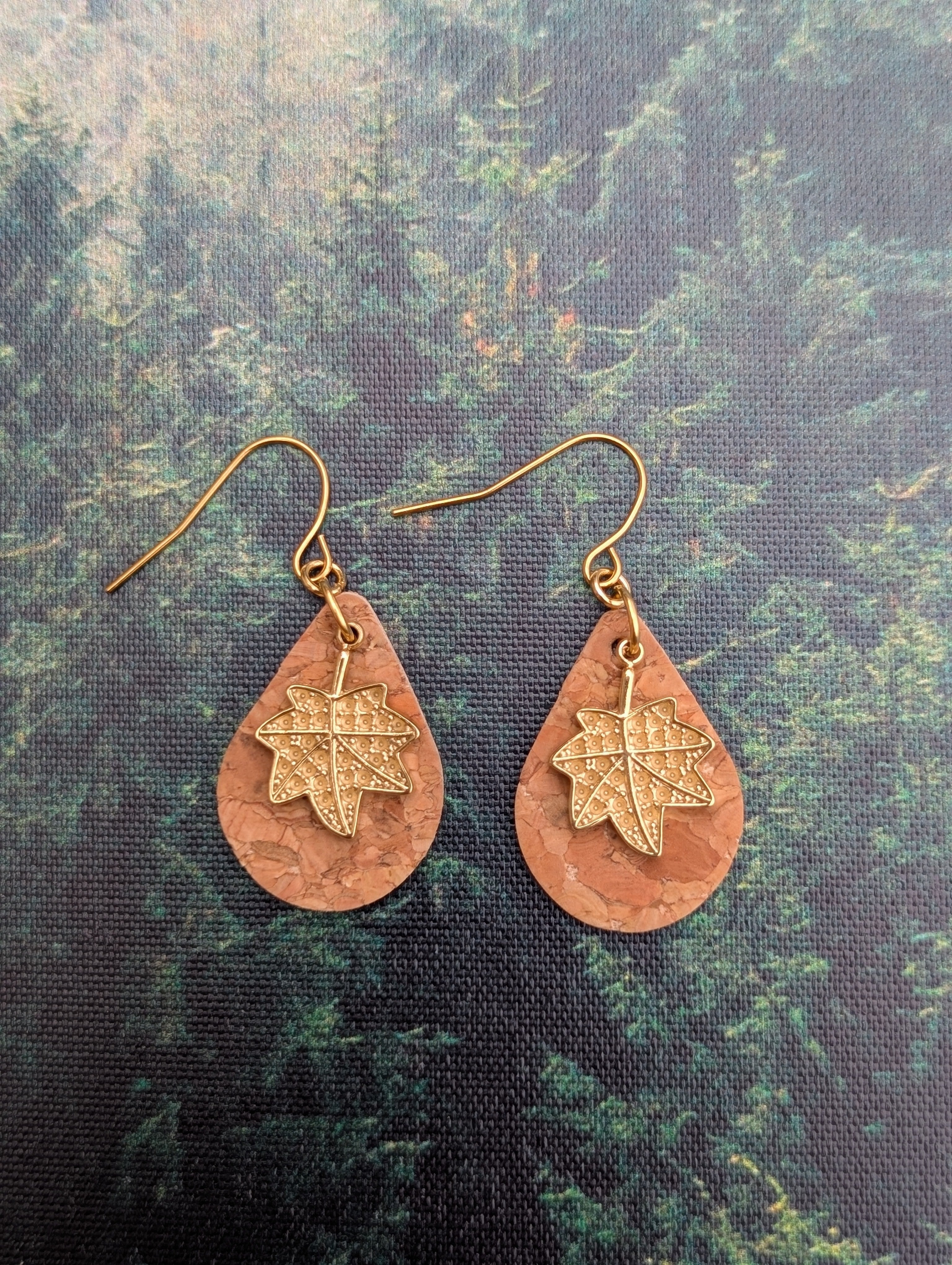 Cork Earrings - Small Teardrop W/ Rhinestone Leaf Charm
