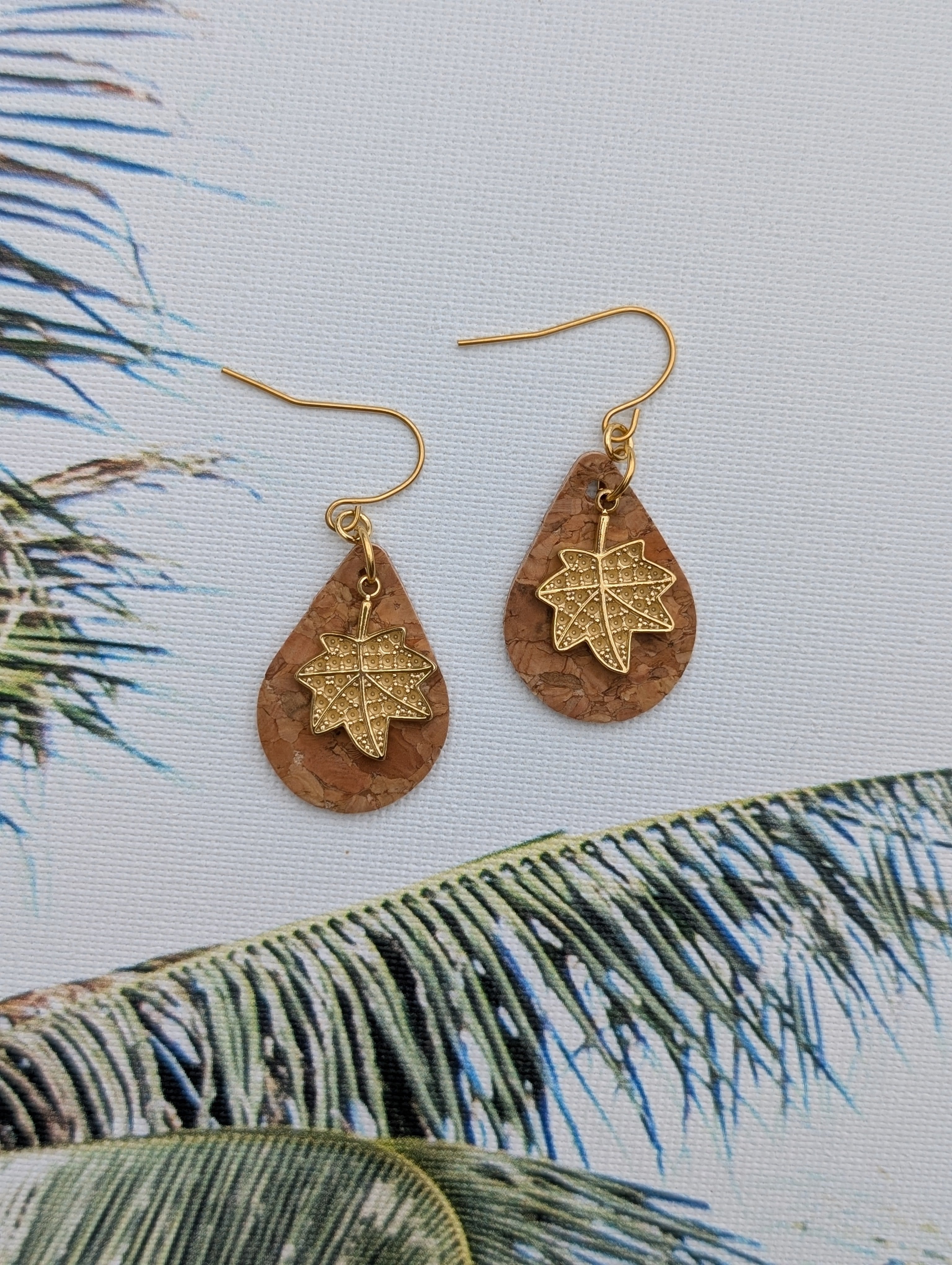 Cork Earrings - Small Teardrop W/ Rhinestone Leaf Charm