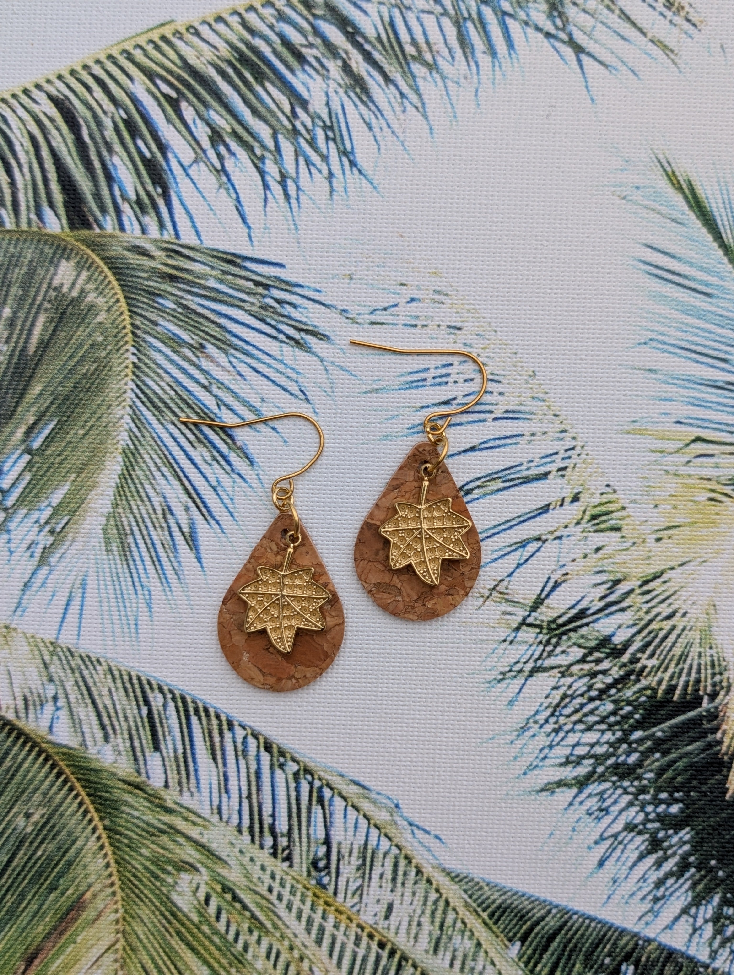 Cork Earrings - Small Teardrop W/ Rhinestone Leaf Charm