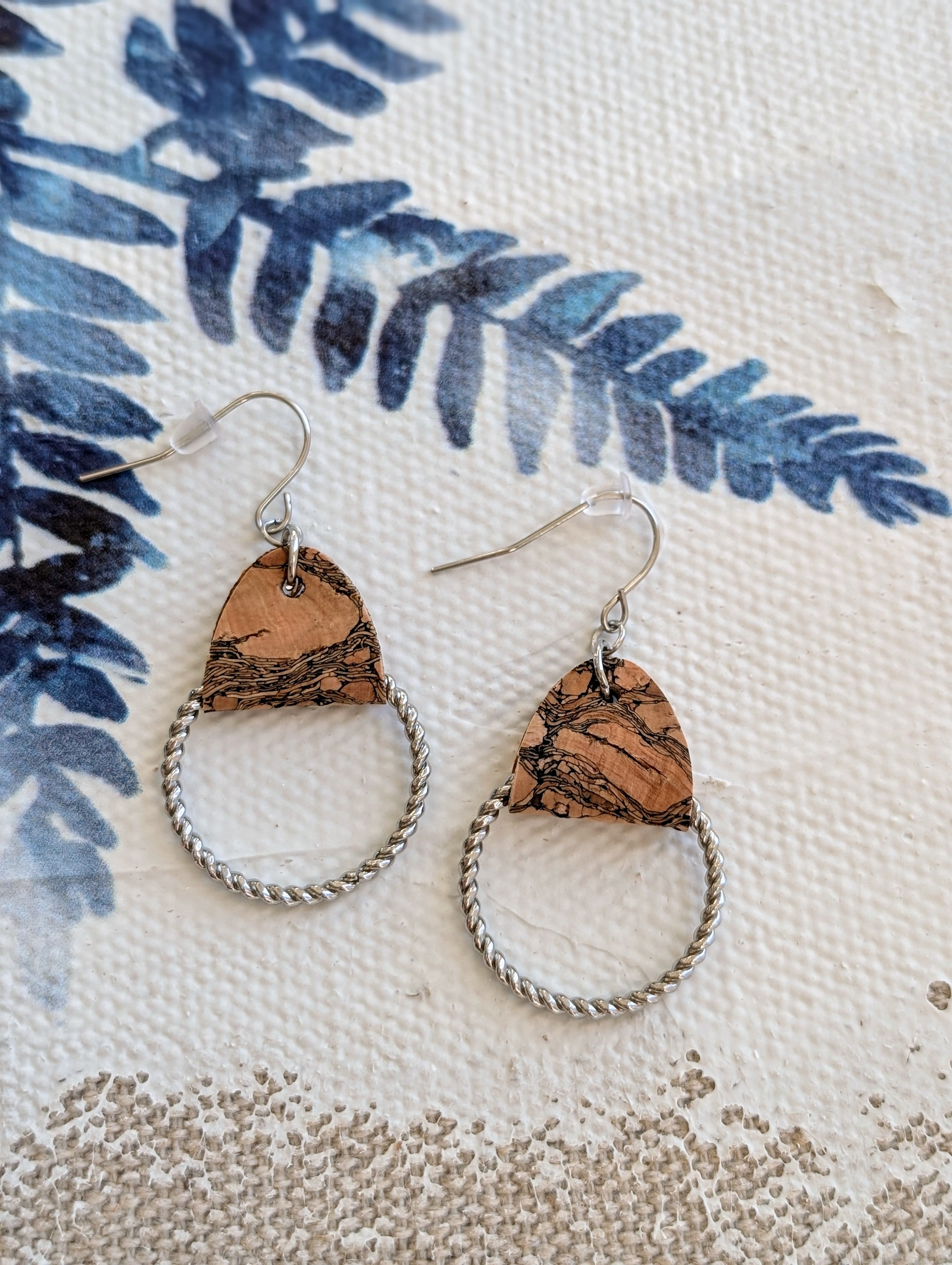 Cork Earrings-Twisted Hoop w/Marbled cork