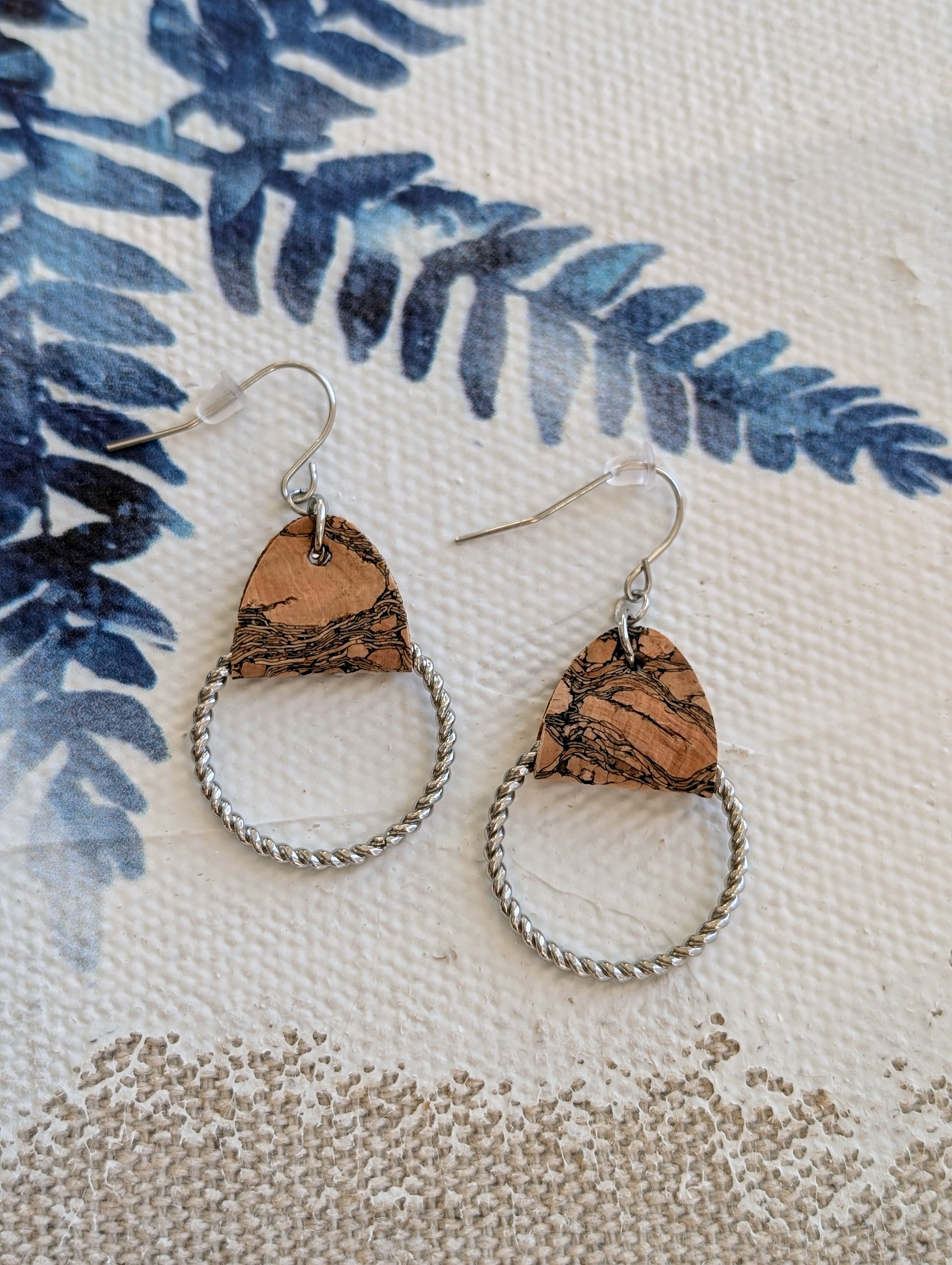 Cork Earrings-Twisted Hoop w/Marbled cork