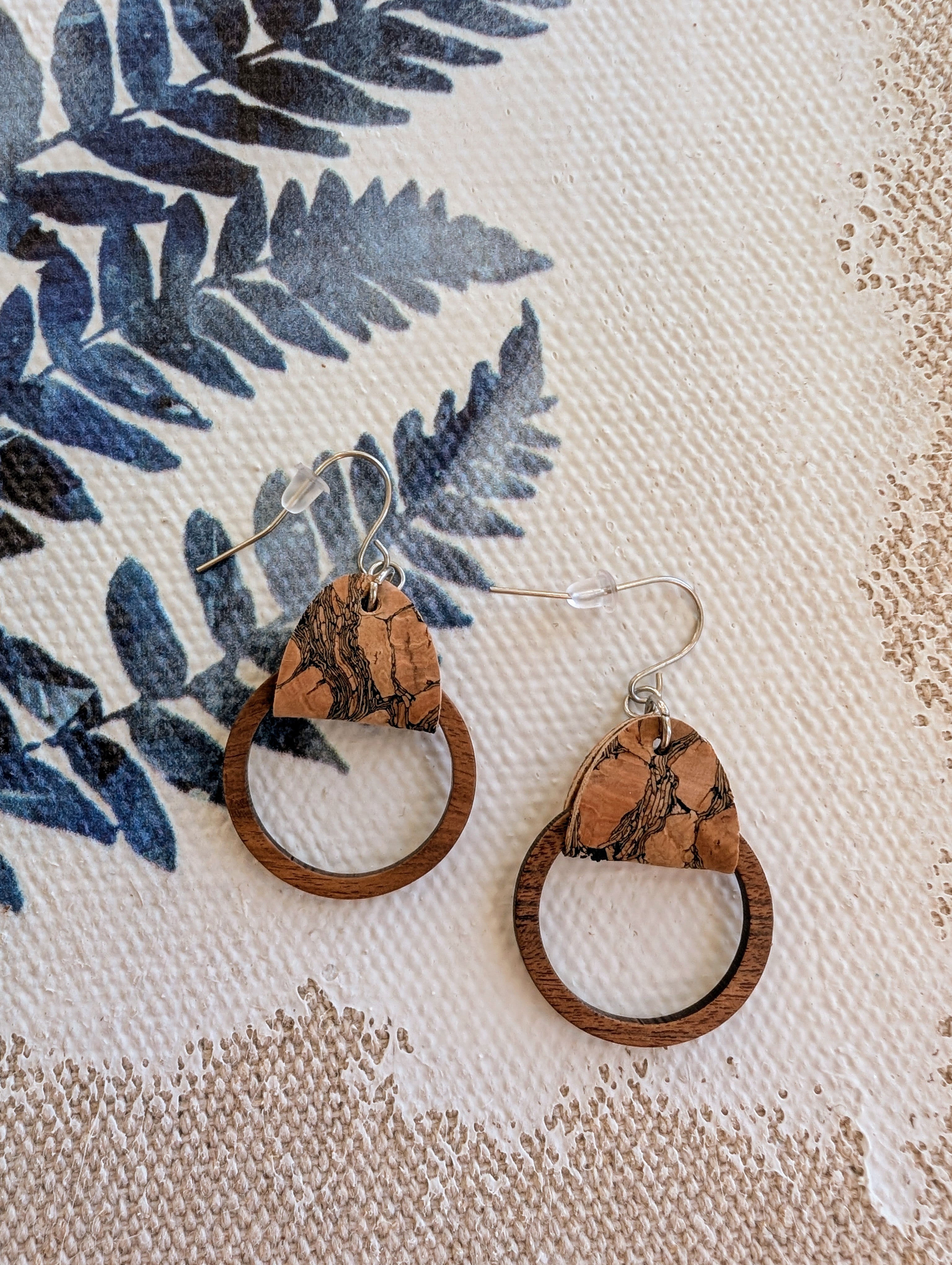 Cork Earrings-Wood Hoop w/Marbled Cork