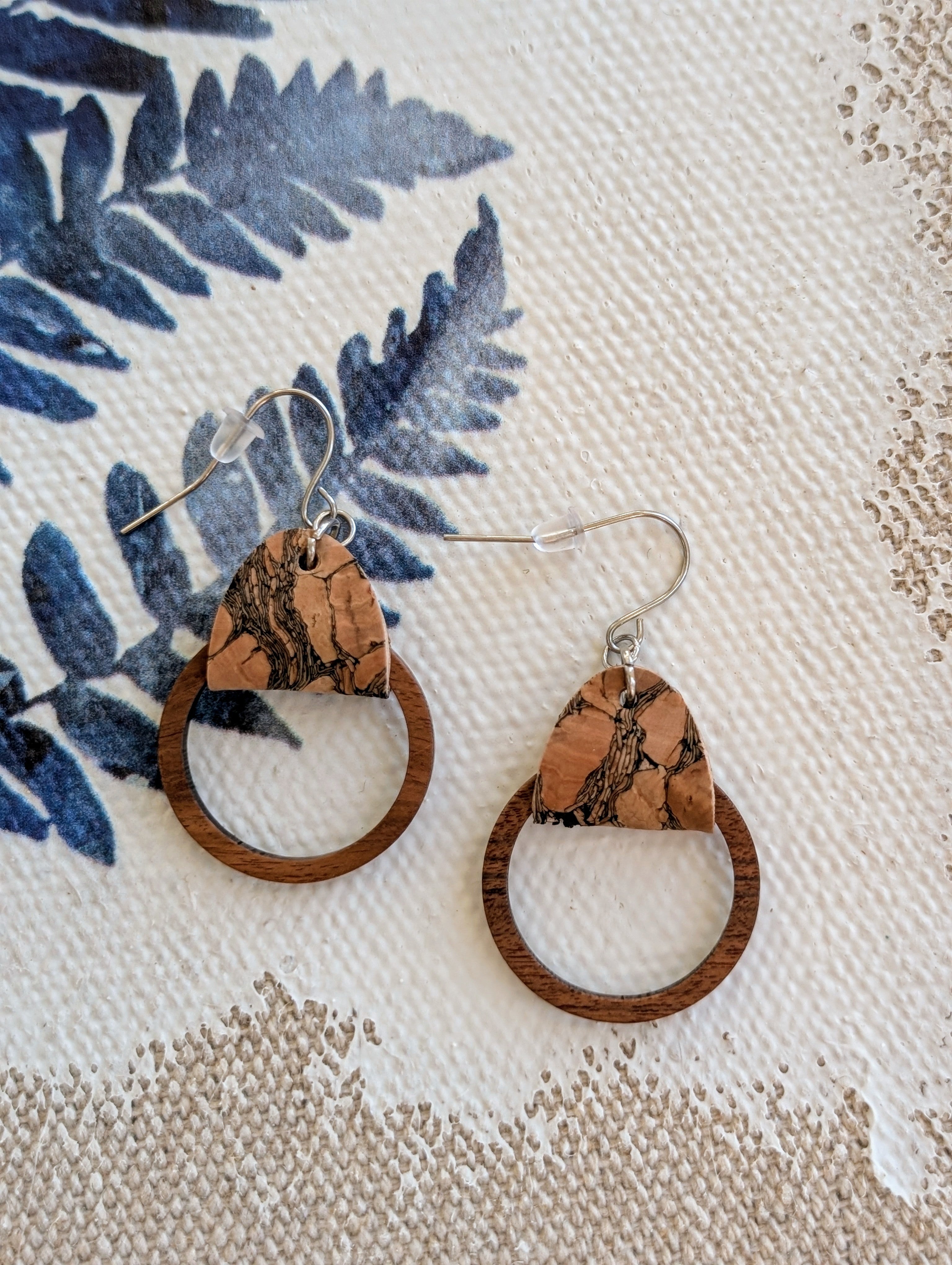 Cork Earrings-Wood Hoop w/Marbled Cork