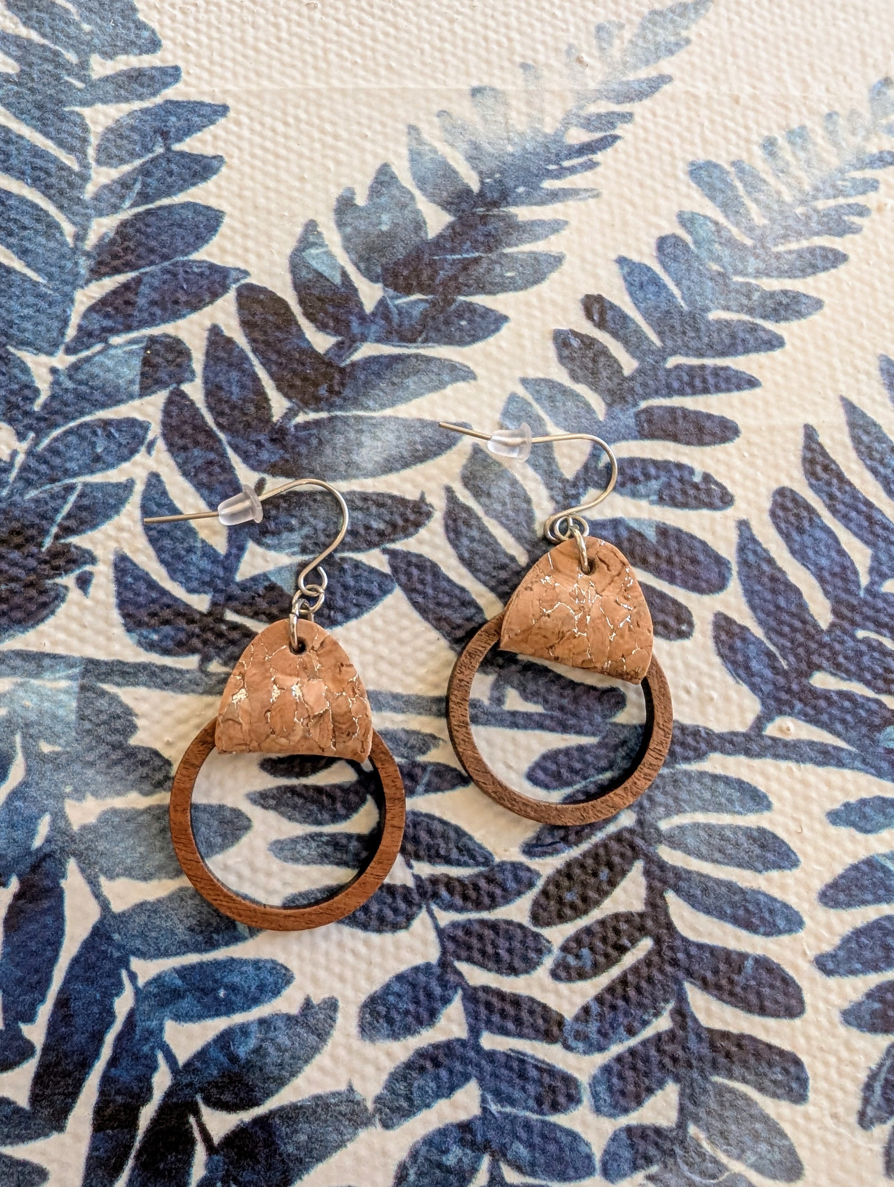 Cork Earrings-Wood Hoop w/Silvered cork