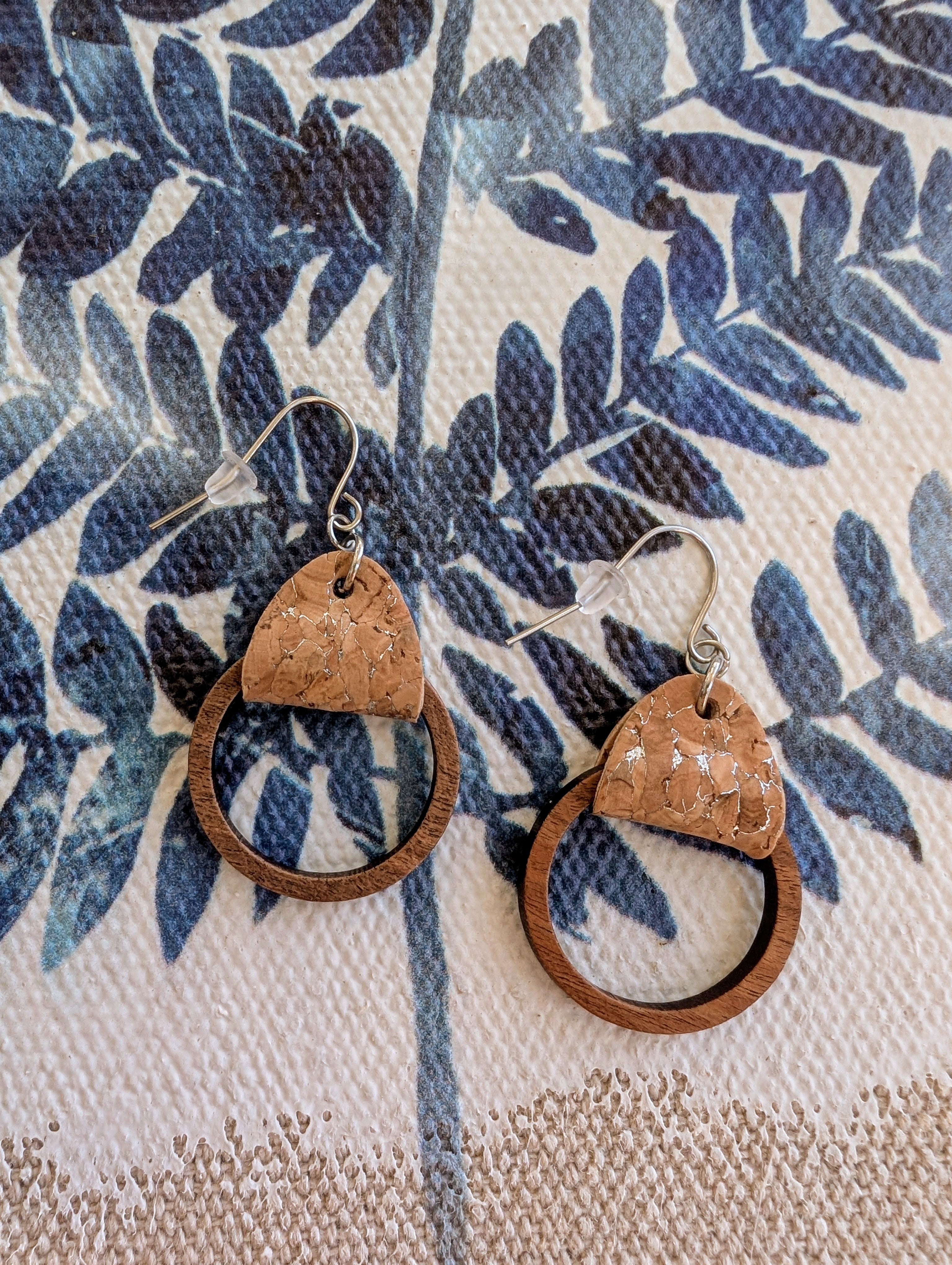 Cork Earrings-Wood Hoop w/Silvered cork