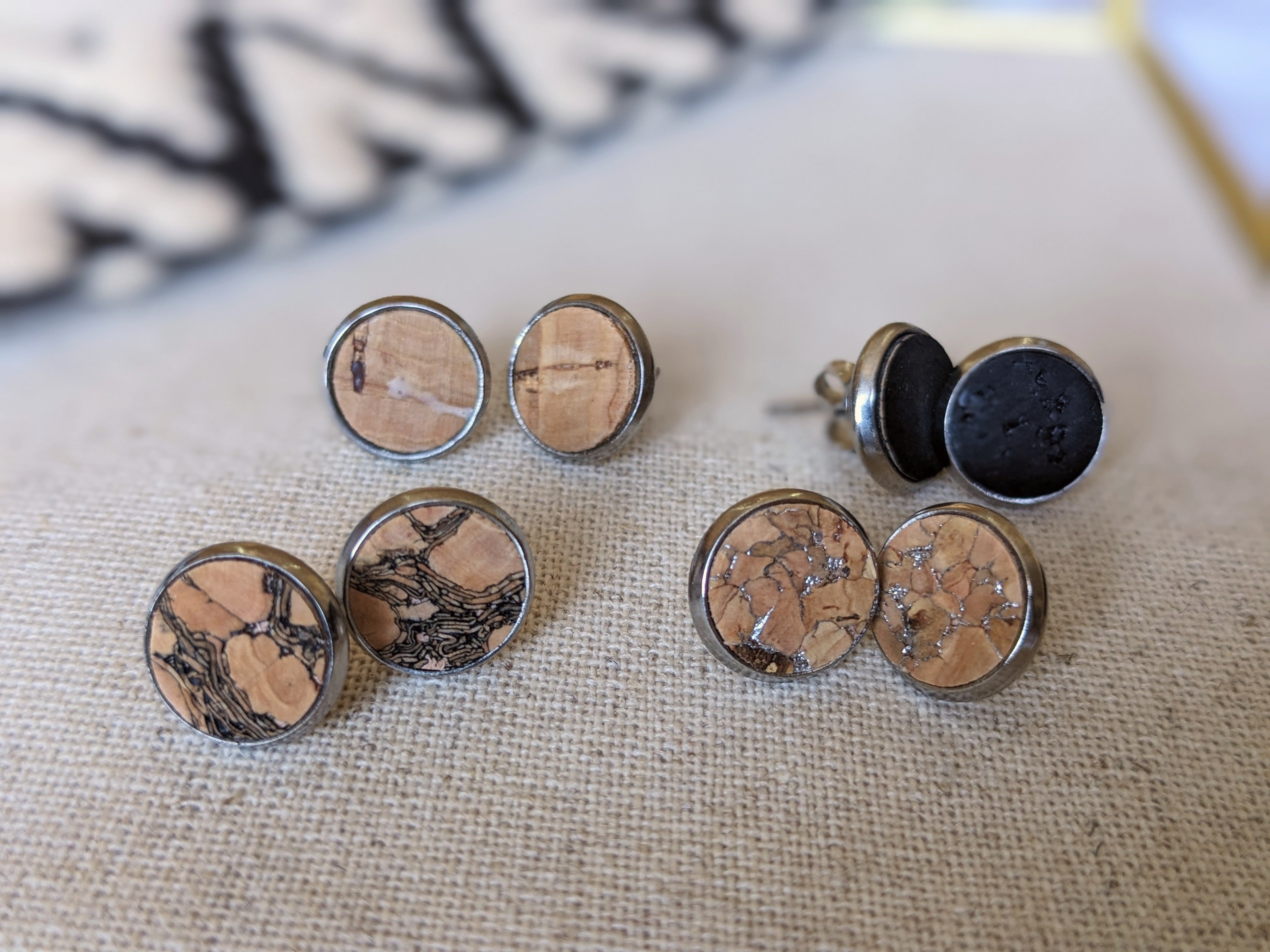 Cork Earrings - Round Stud Silvered
