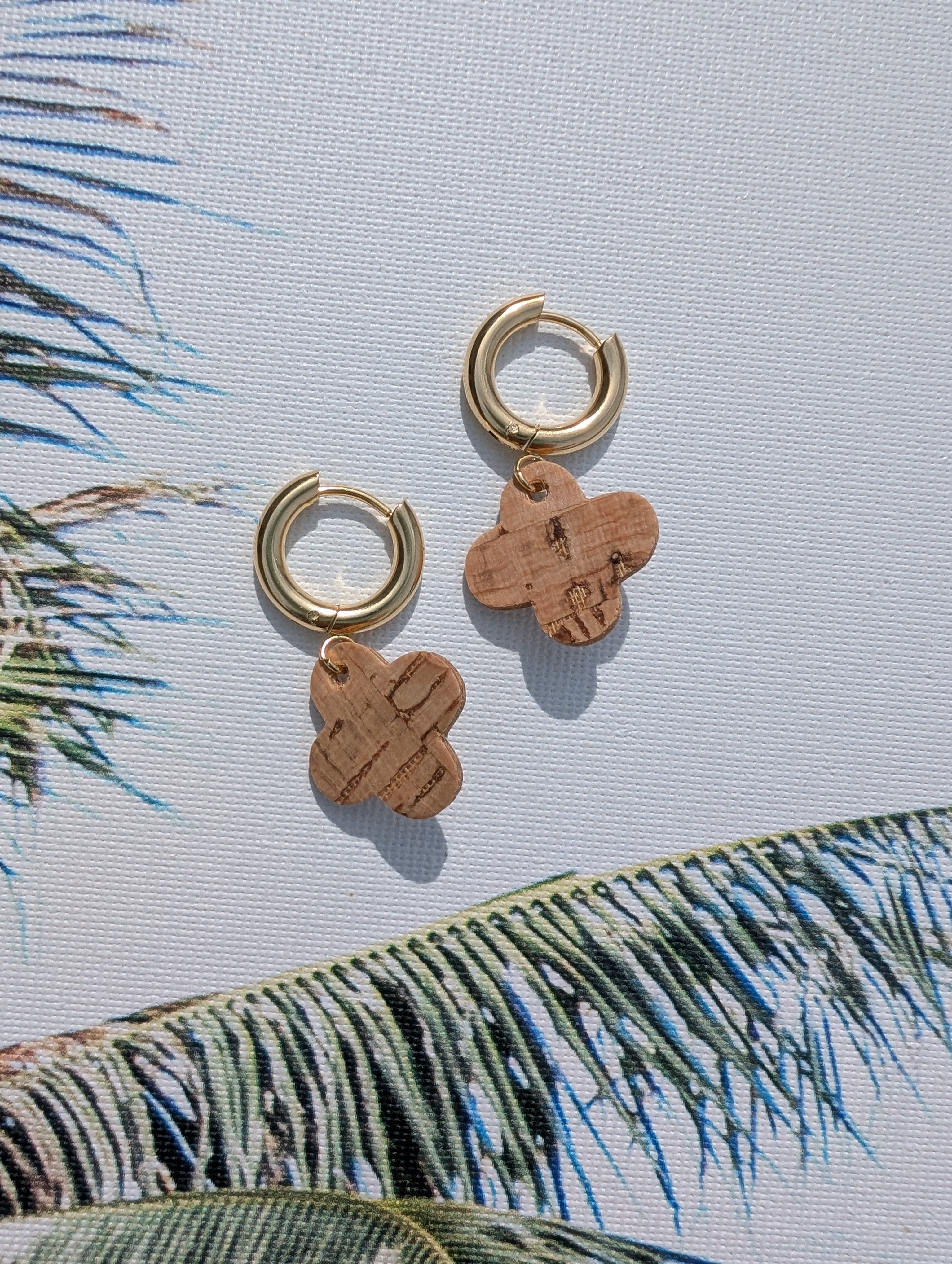 Cork Earrings-Clover Dangle Huggie w/Natural Cork