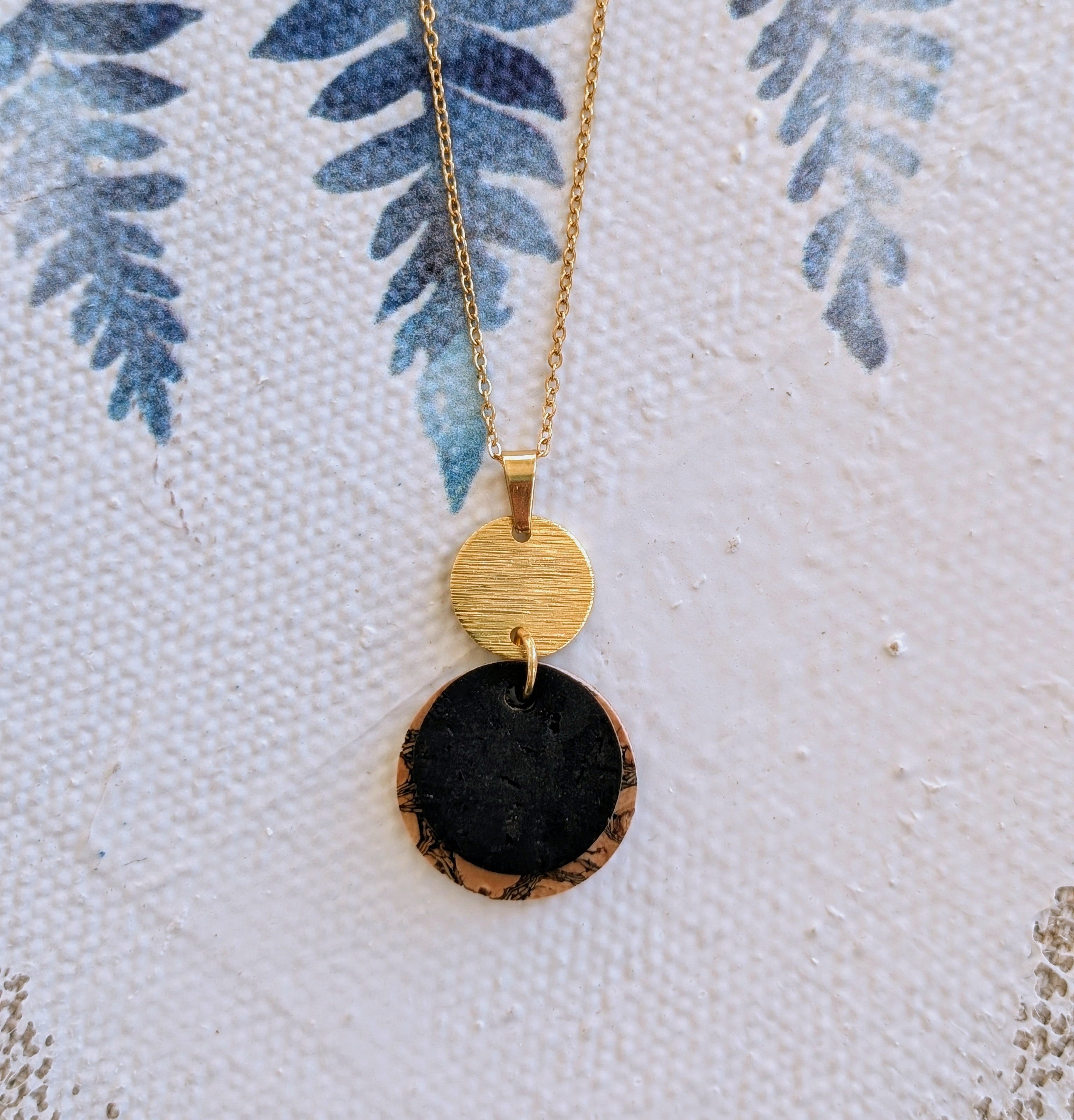 Cork Necklace-Layered Circles W/ Etched Gold