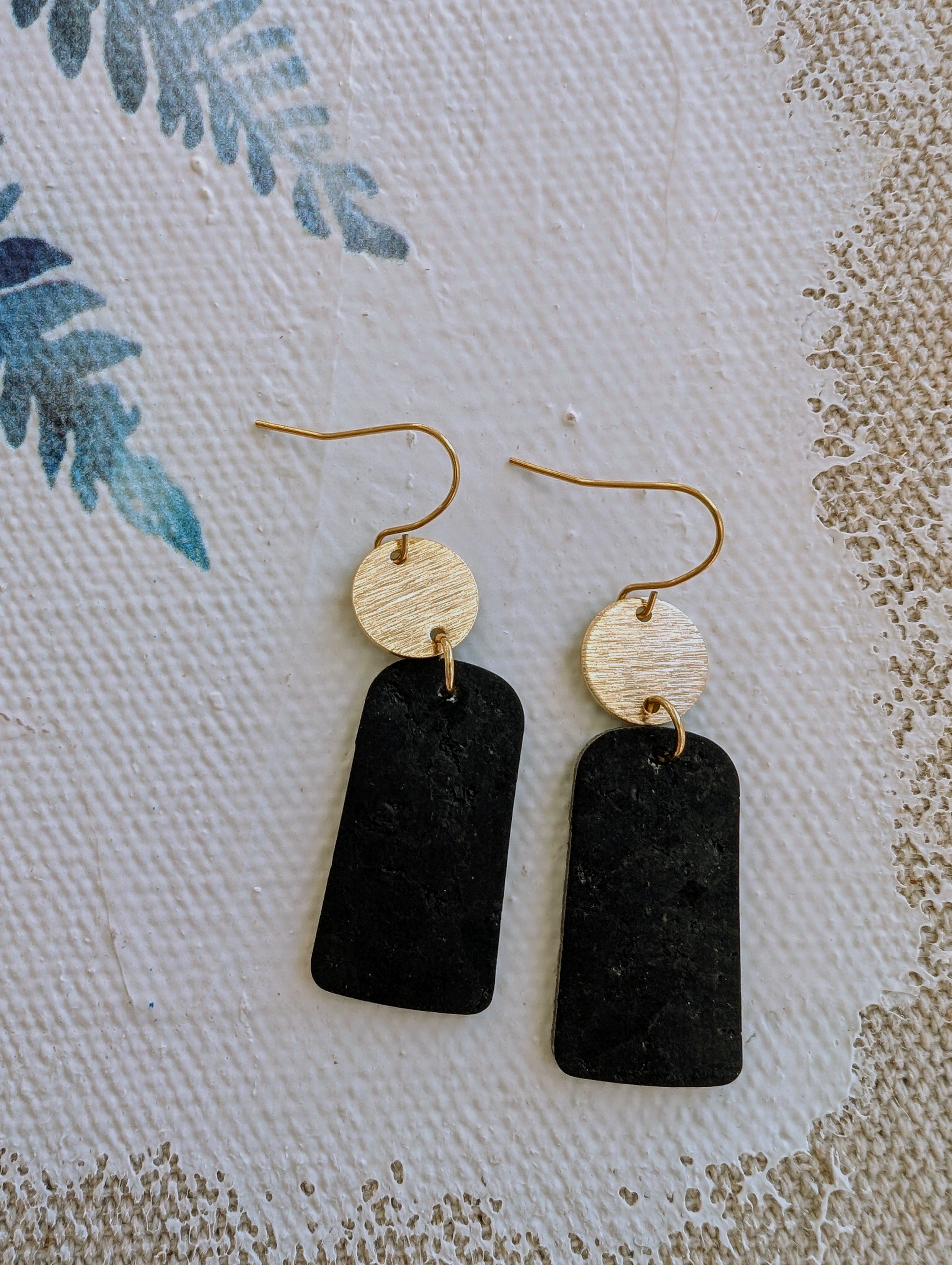 Cork Earrings-Gold w/Black Cork Bar Dangle