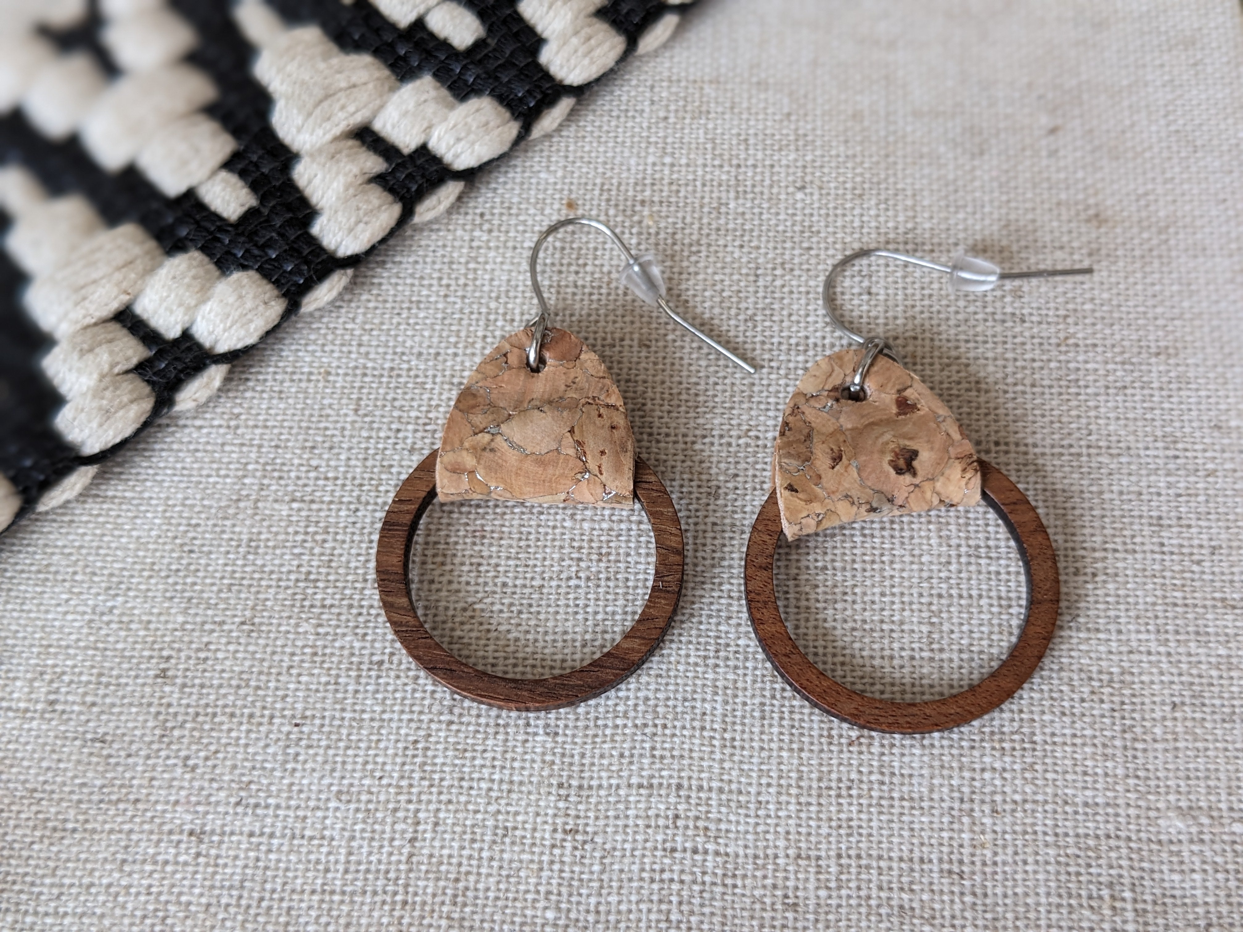 Cork Earrings-Wood Hoop w/Silvered cork