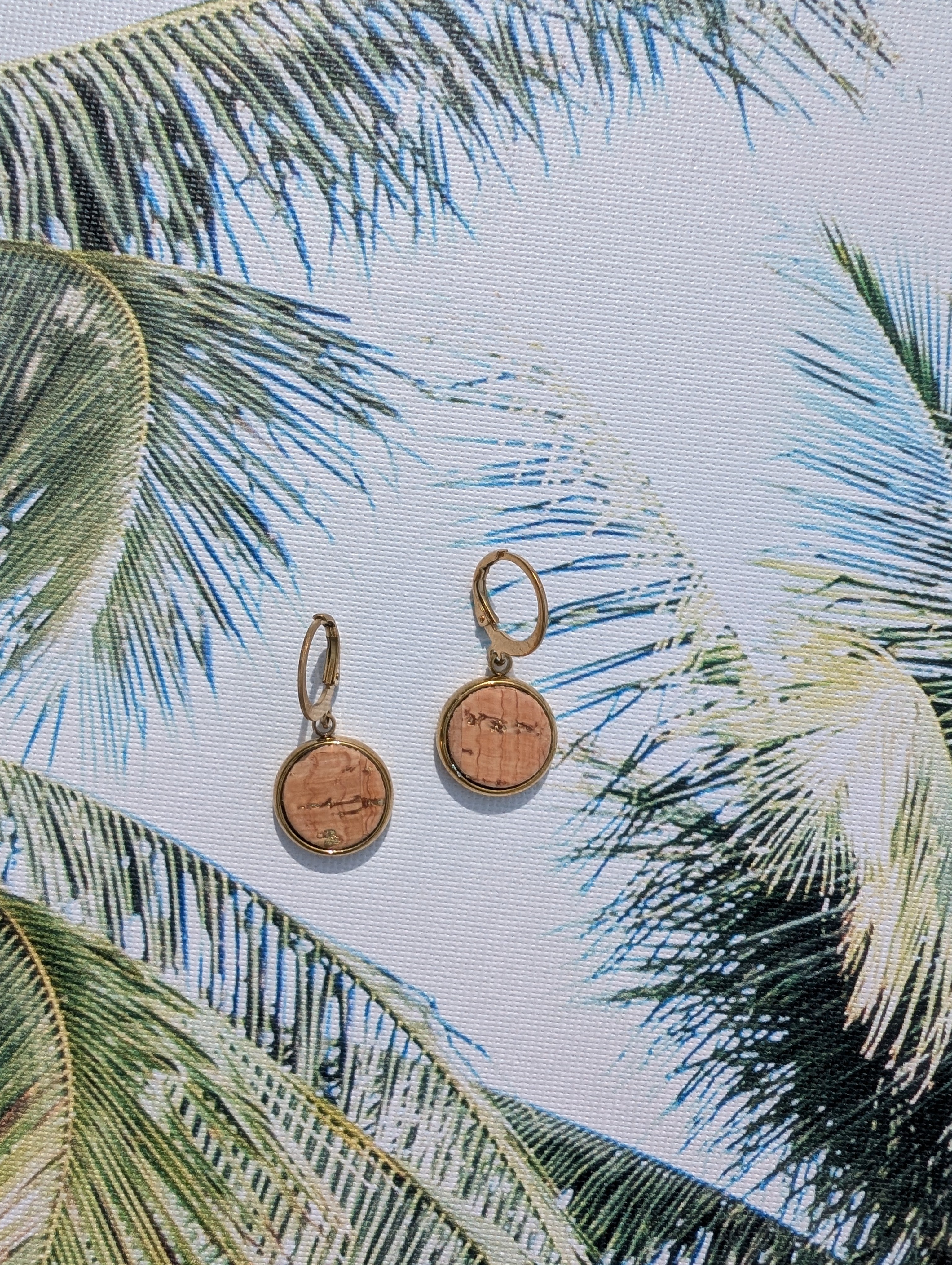 Cork Earrings-Round Dangle w/Natural Cork and Gold Accents