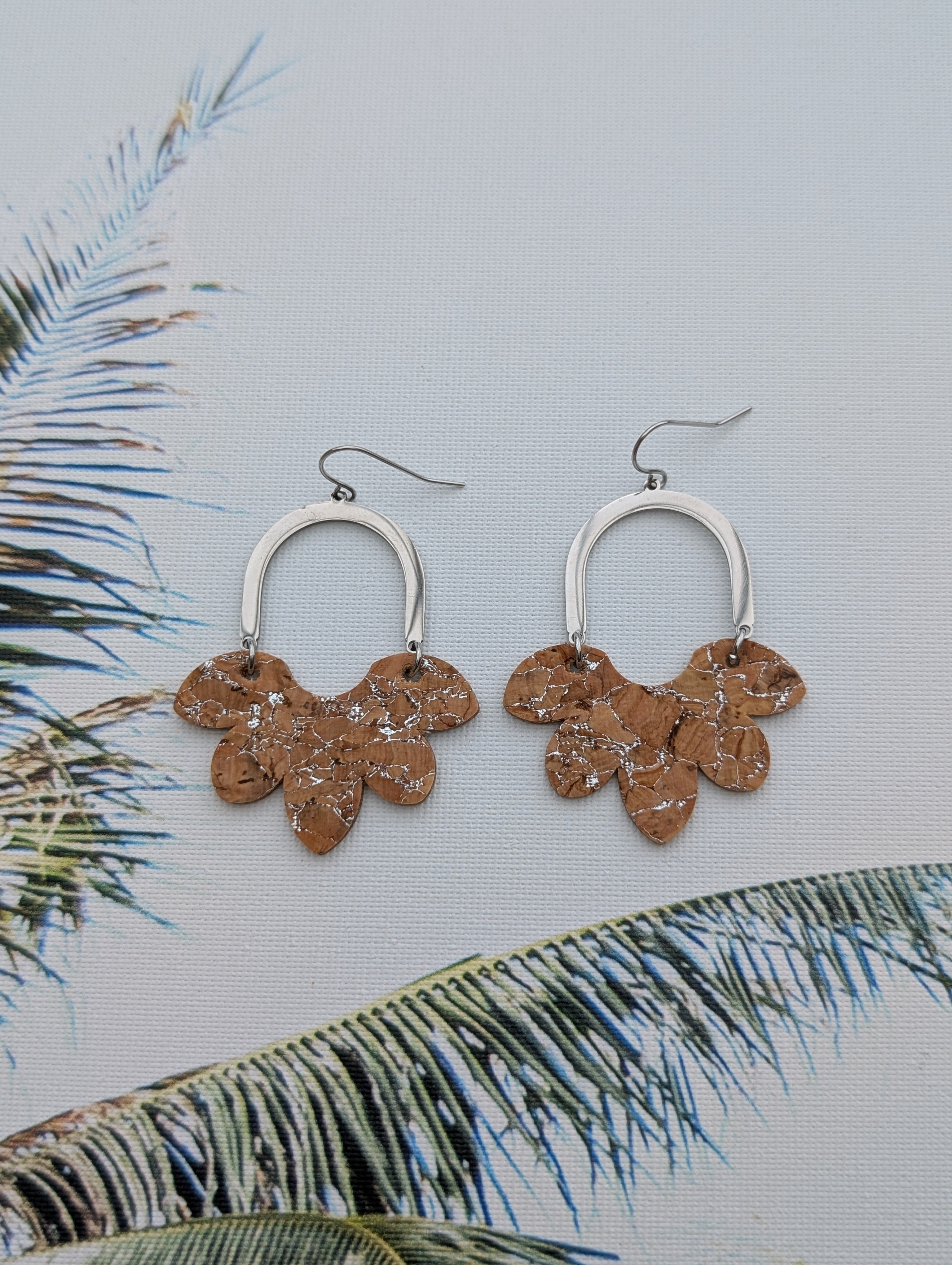 Cork Earrings-Split Flower Silvered