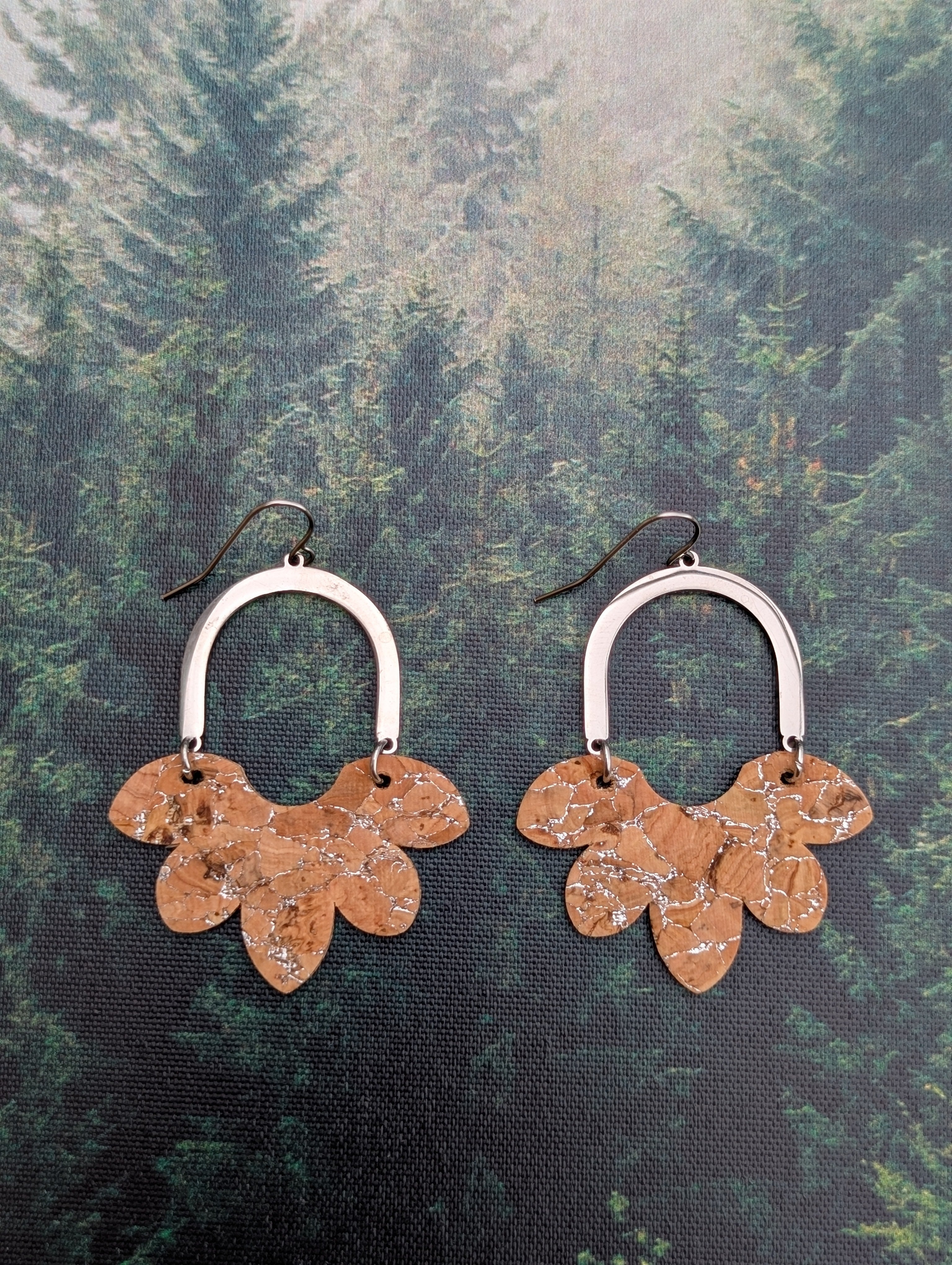 Cork Earrings-Split Flower Silvered