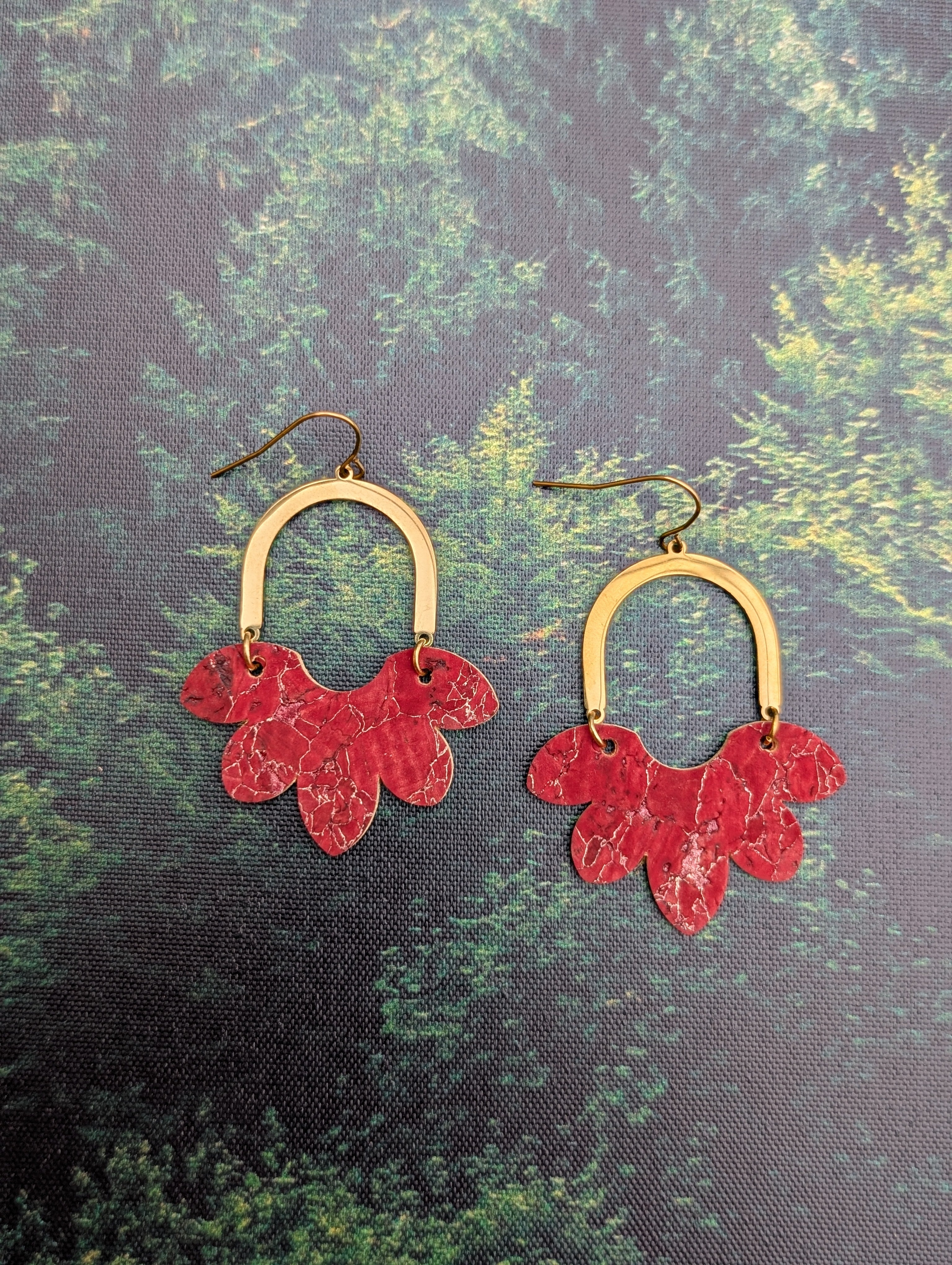 Cork Earrings-Split Flower Red
