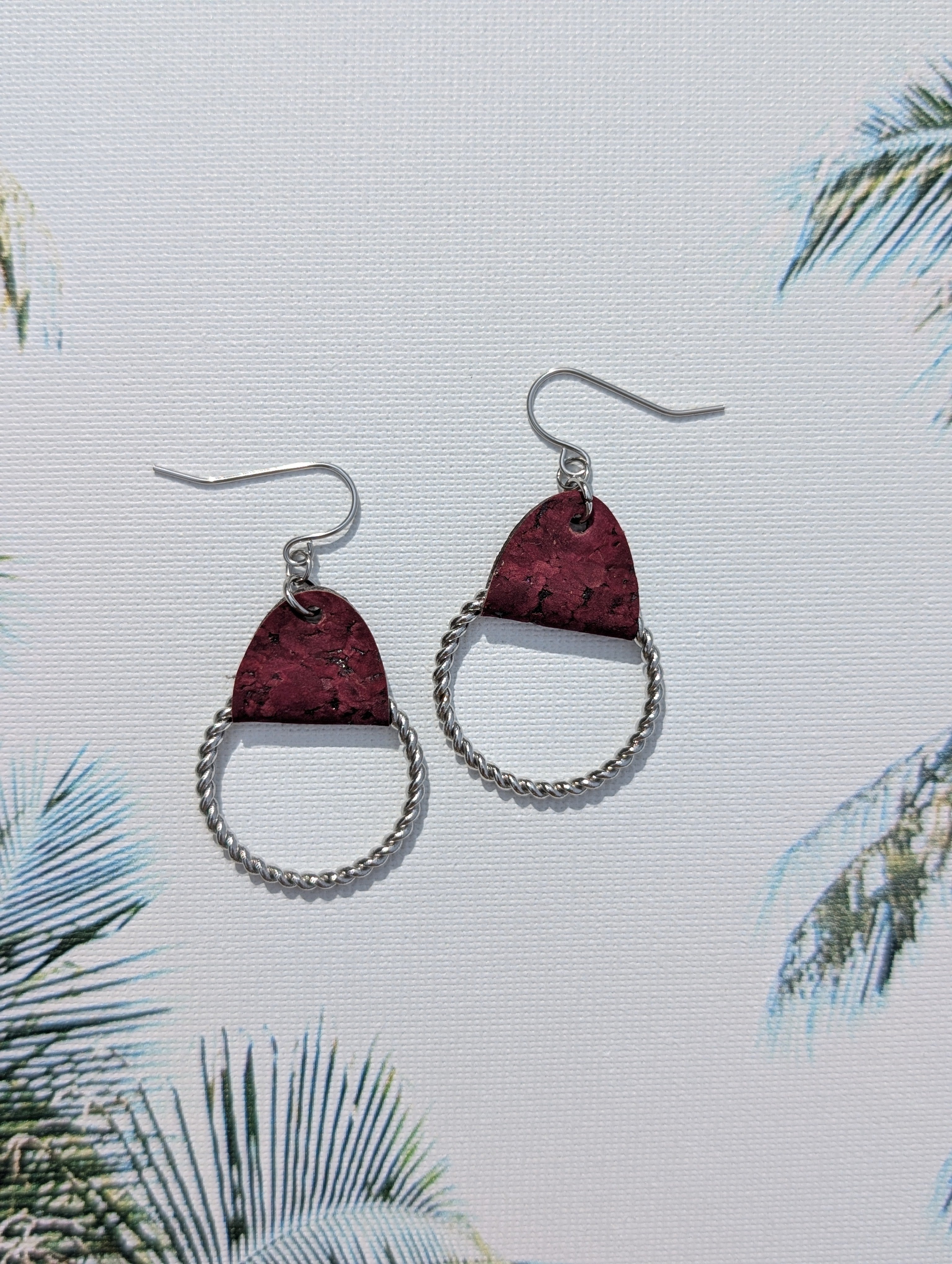 Cork Earrings-Twisted Hoop w/Maroon Cork Fabric